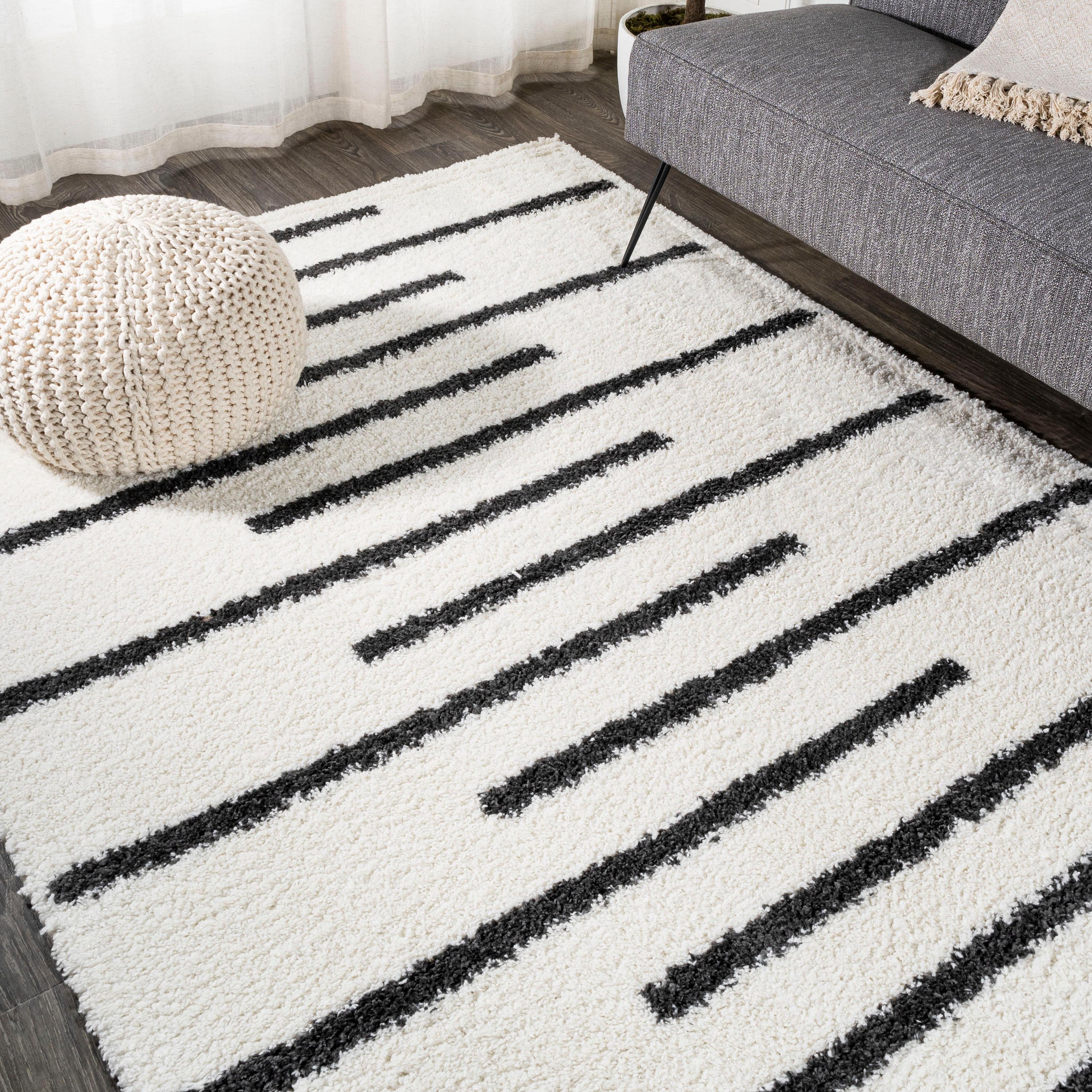 3'x5' Alaro Berber Stripe Shag Area Rug, White/Black - JONATHAN Y