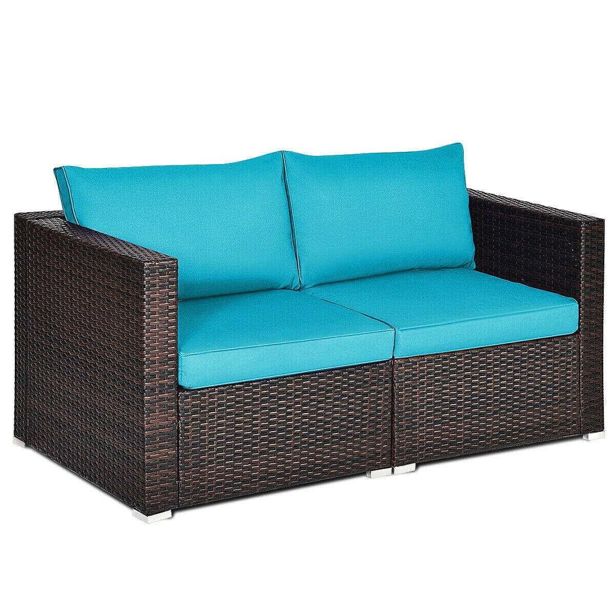 Costway 2PCS Patio Rattan Corner Sofa Sectional Furniture Blue Cushion