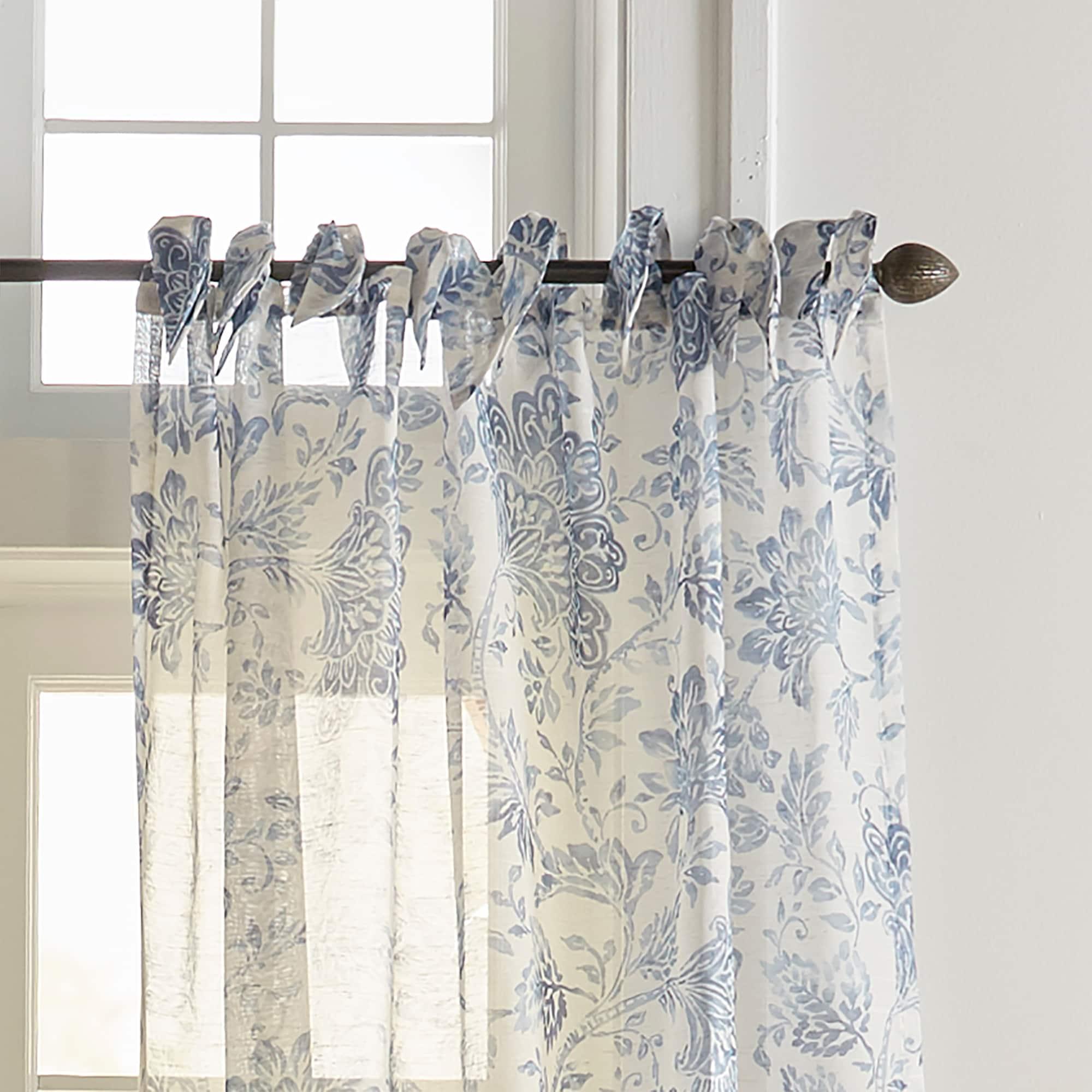 Westport Floral Tie-Top Cottagecore Sheer Single Window Curtain Panel - 52" x 84" - Indigo - Elrene Home Fashions
