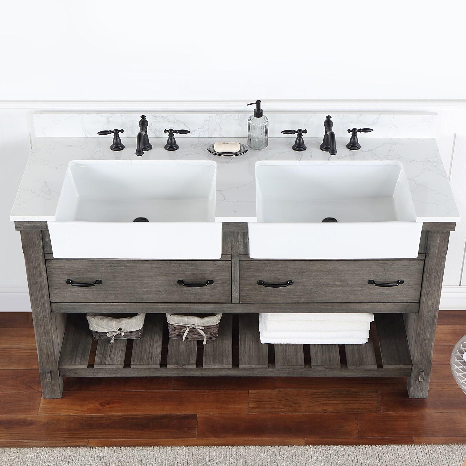 60 in. Villareal Double Bathroom Vanity, Classical Grey with Composite Stone Top in White, White Farmhouse Basin