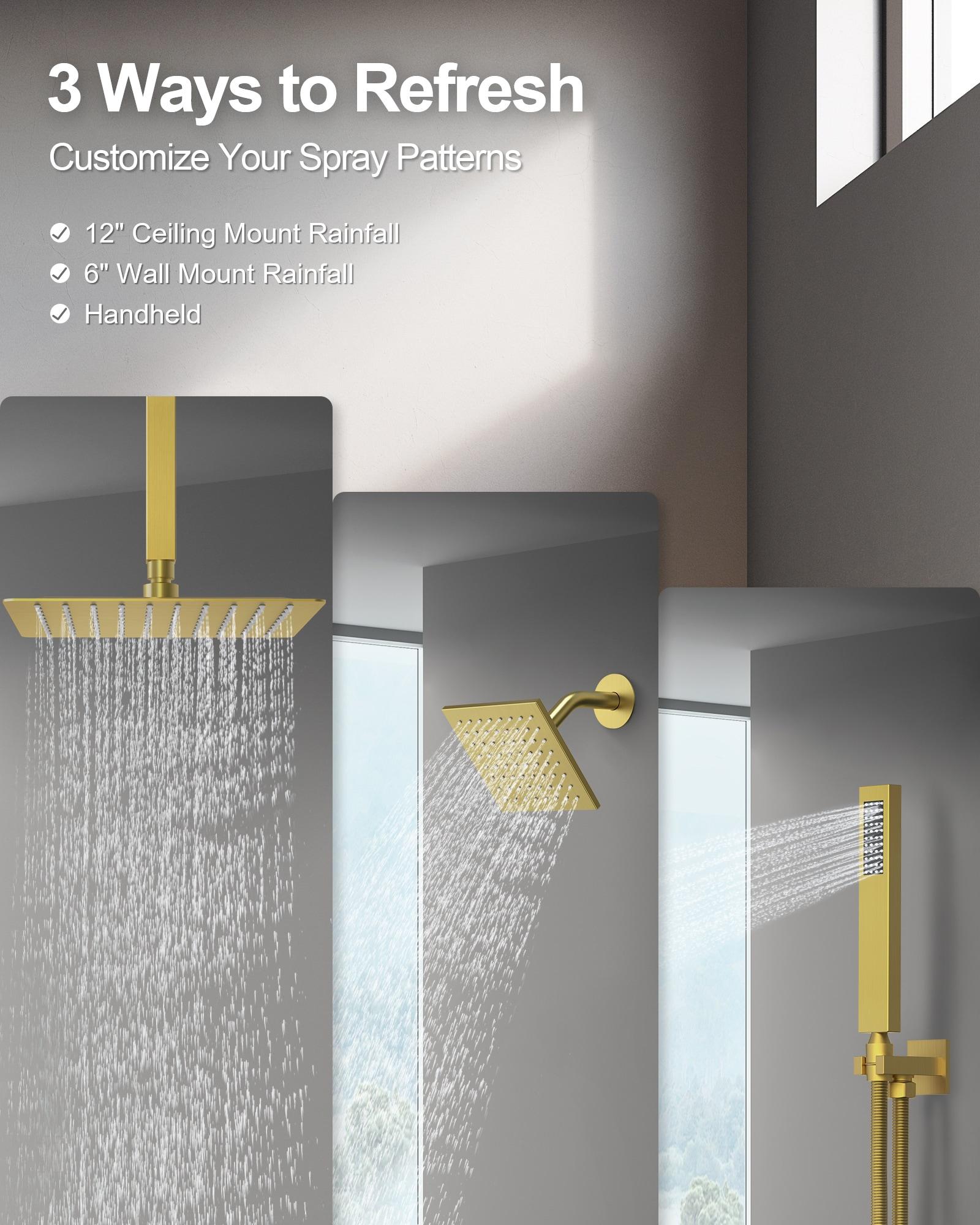 GRANDJOY Dual Wall Mount Rainfall Shower Head System Adjustable 12 inch & 6 inch Shower Faucet Set with Handheld Shower Spray Thermostatic Pressure Balance Value, Brushed Gold