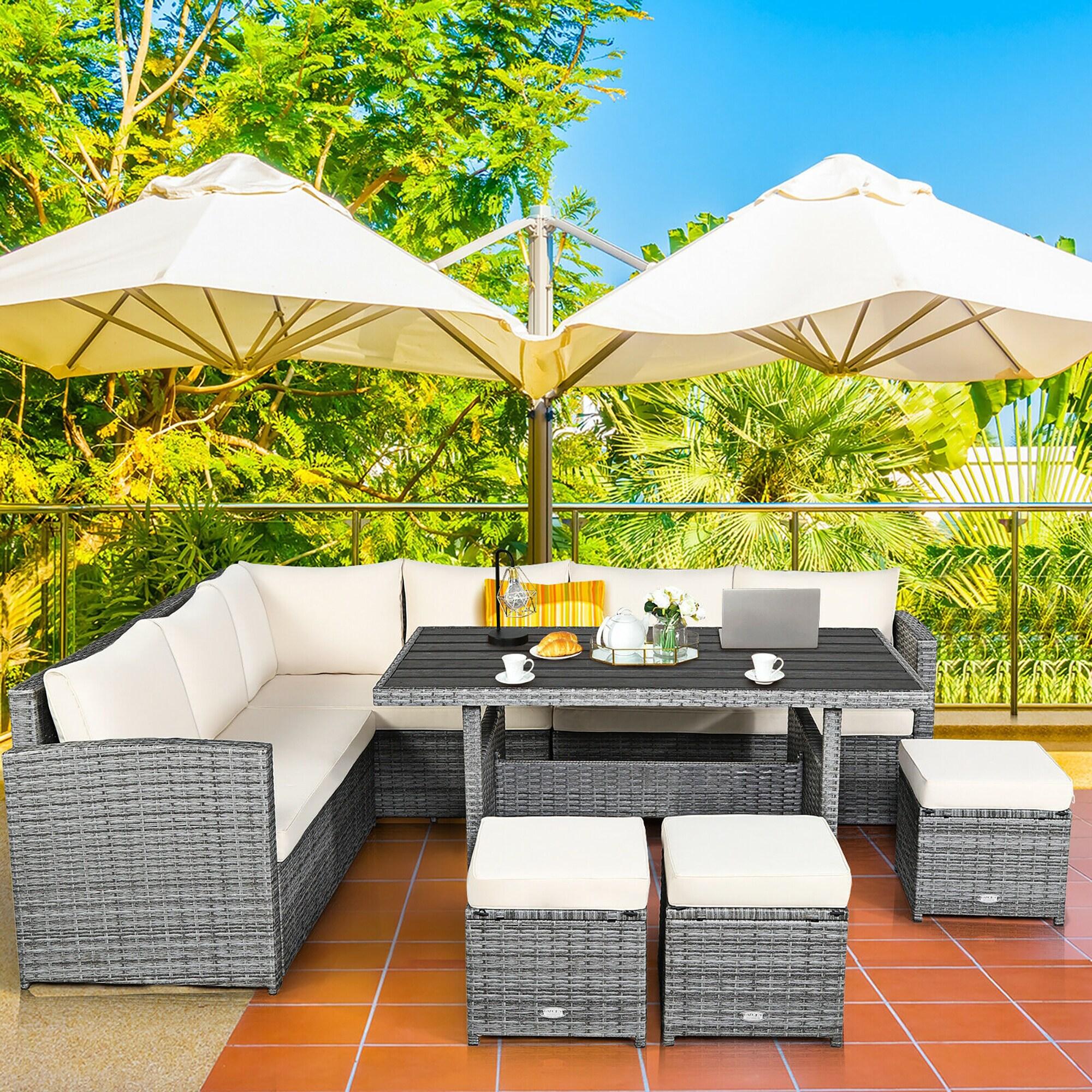 Gray Rattan 7-Piece Patio Sofa Set with Off-White Cushions