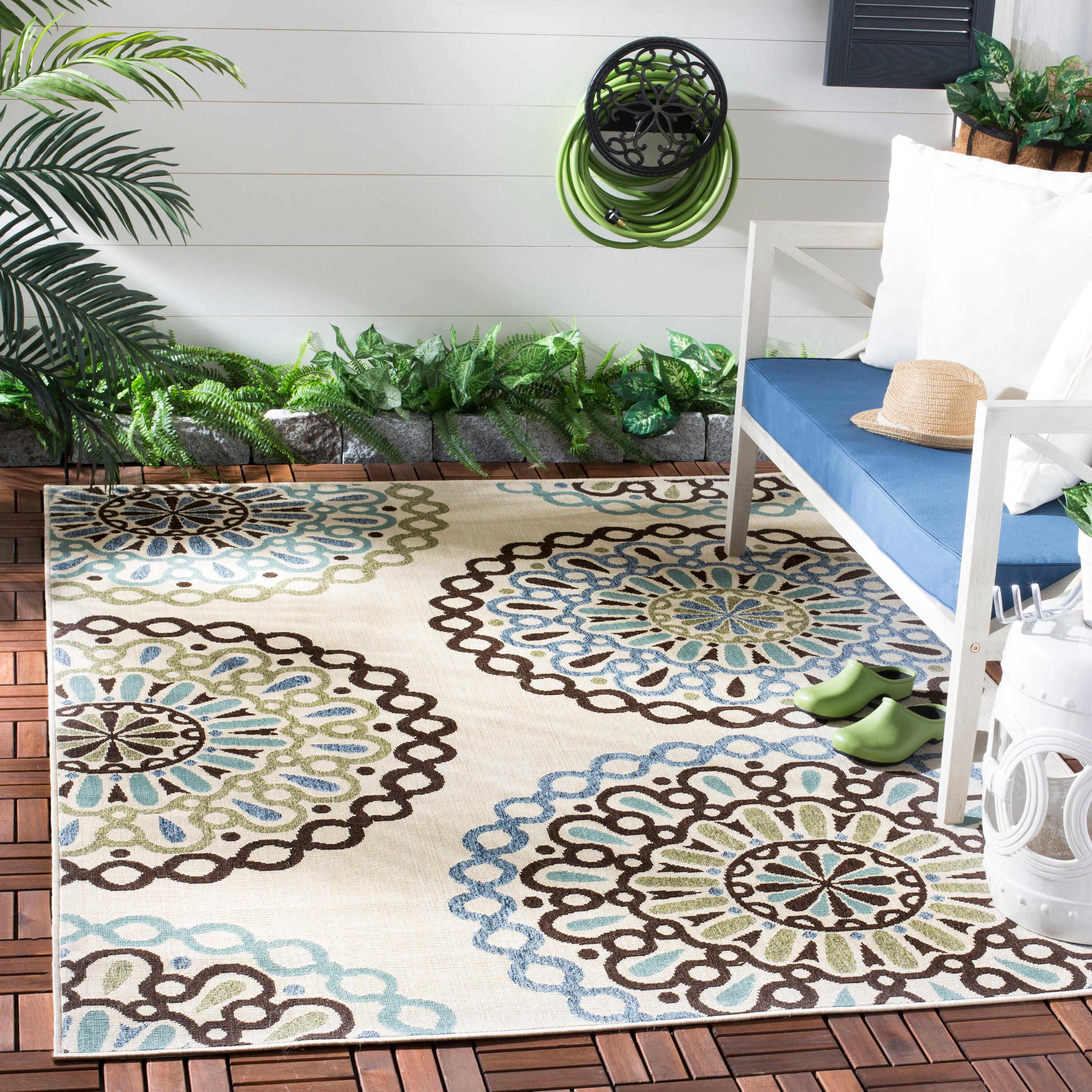 Veranda VER092 Power Loomed Indoor/Outdoor Area Rug - Cream/Blue - 5'3"x5'3" - Safavieh.