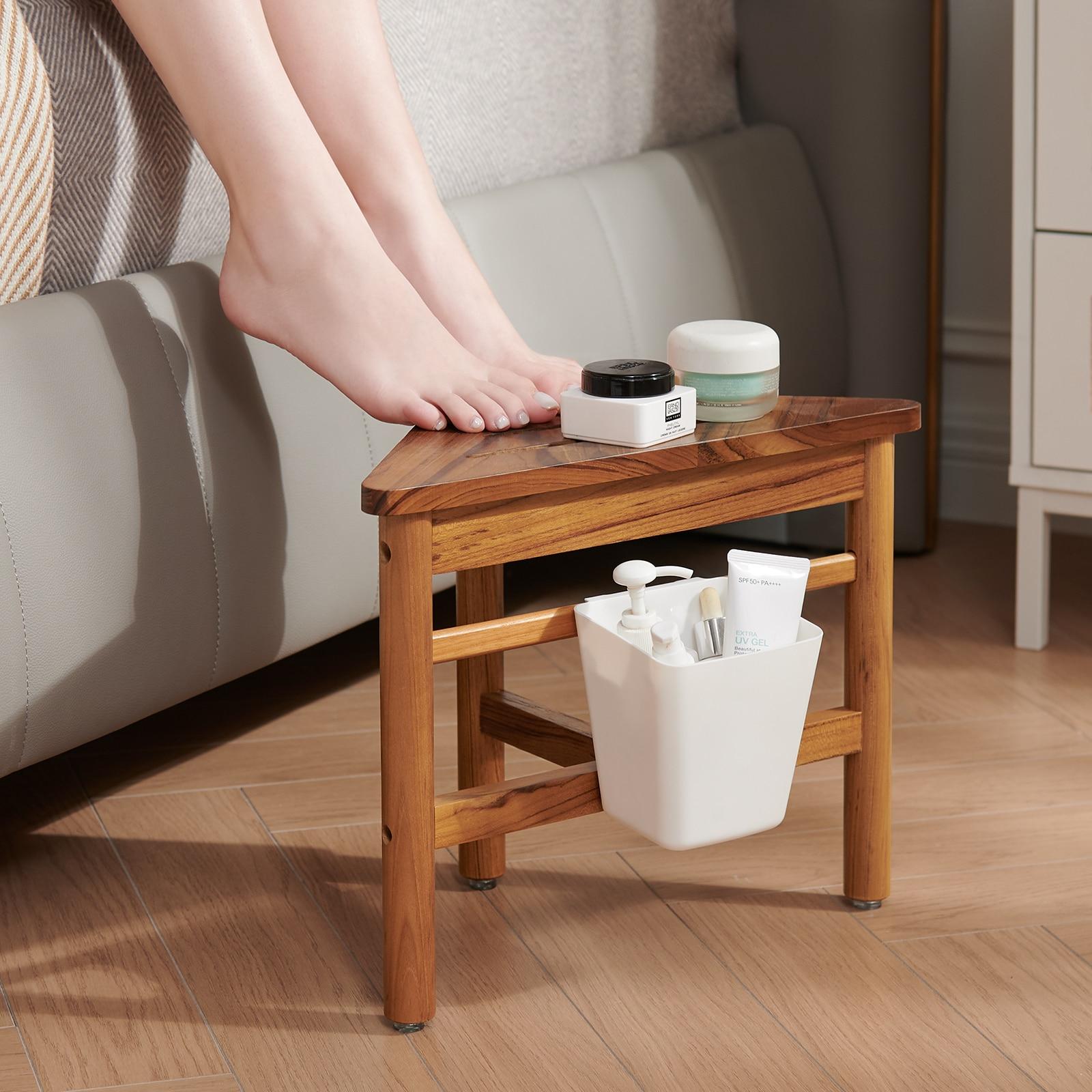 Utopia Alley  12 in. Small Teak Corner Shower Stool with Plastic Storage for Inside Shower, Indoor & Outdoor Use