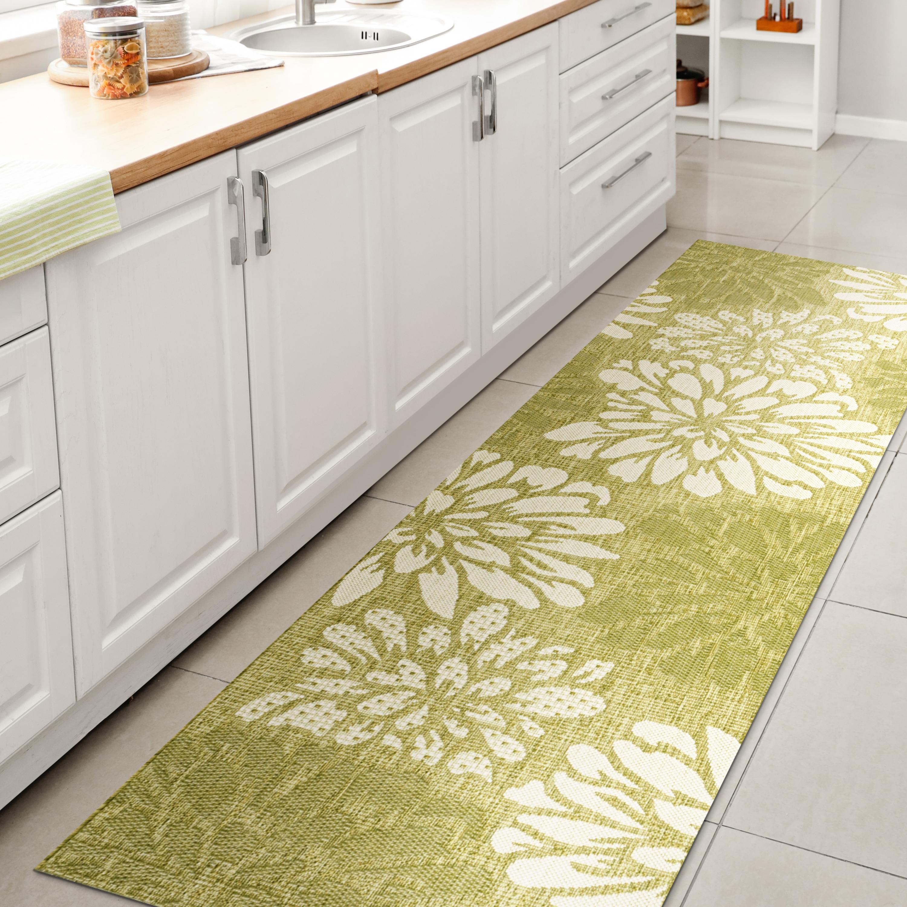 2' x 10' Zinnia Modern Floral Textured Weave Indoor/Outdoor Runner Rug, Green/Cream - JONATHAN Y