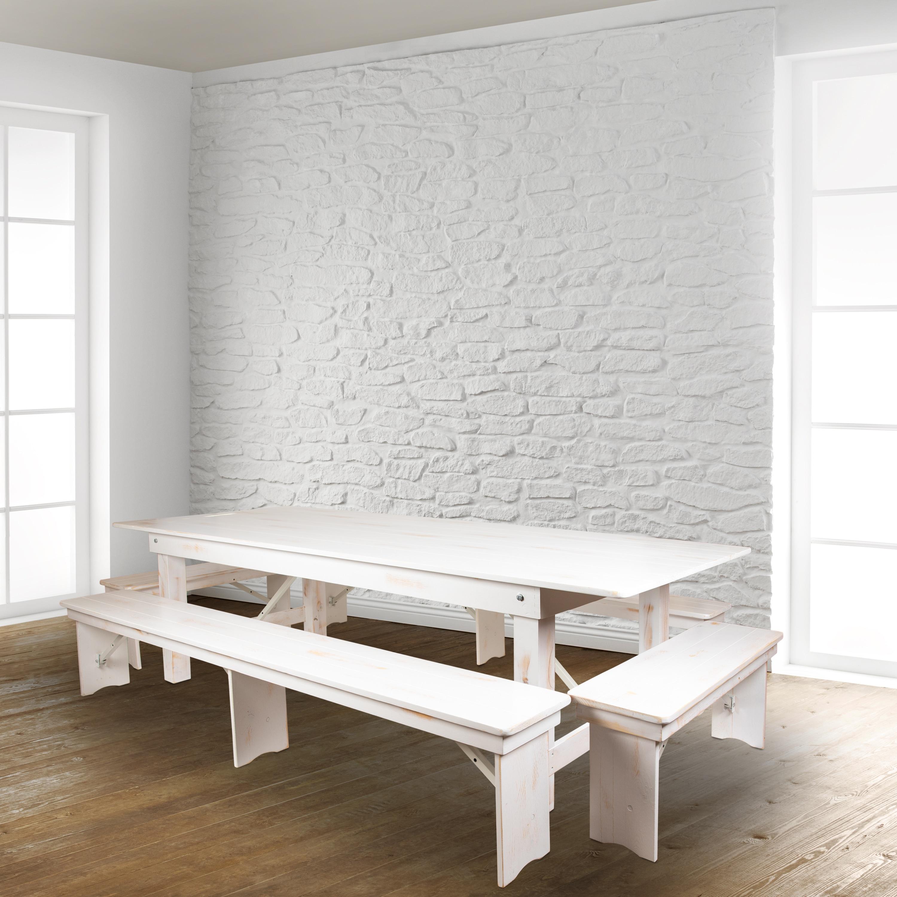 Flash Furniture HERCULES Series 8' x 12" Antique Rustic Solid White Pine Folding Farm Bench with 3 Legs