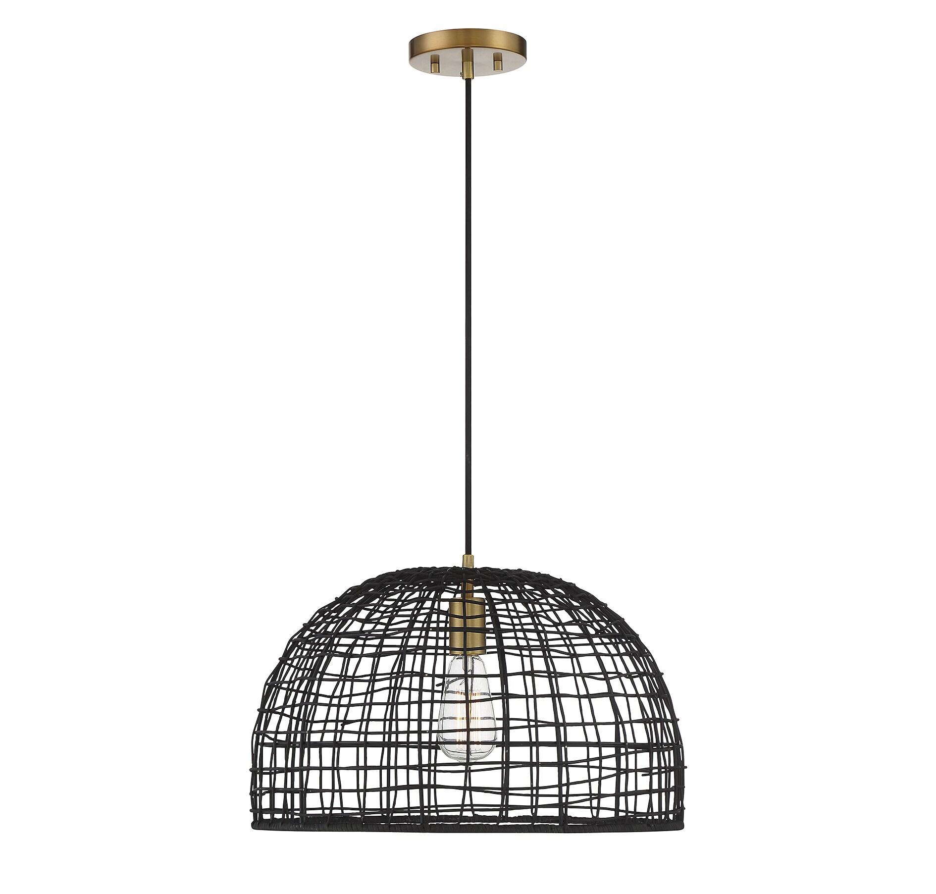 Black Rattan Dome Pendant Light with Brass Accents