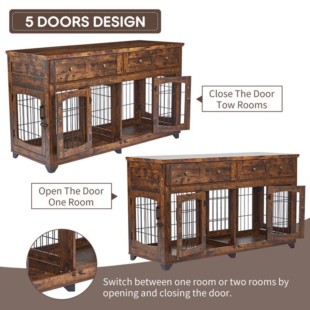 Dog Crate Furniture with 5 Doors, 58" Wooden Dog Kennel End Table with Large Capacity Drawers, Dog House with Openable Divider for Small/Medium/Large Dog,Dog Cage,Side End Table,Rustic Brown