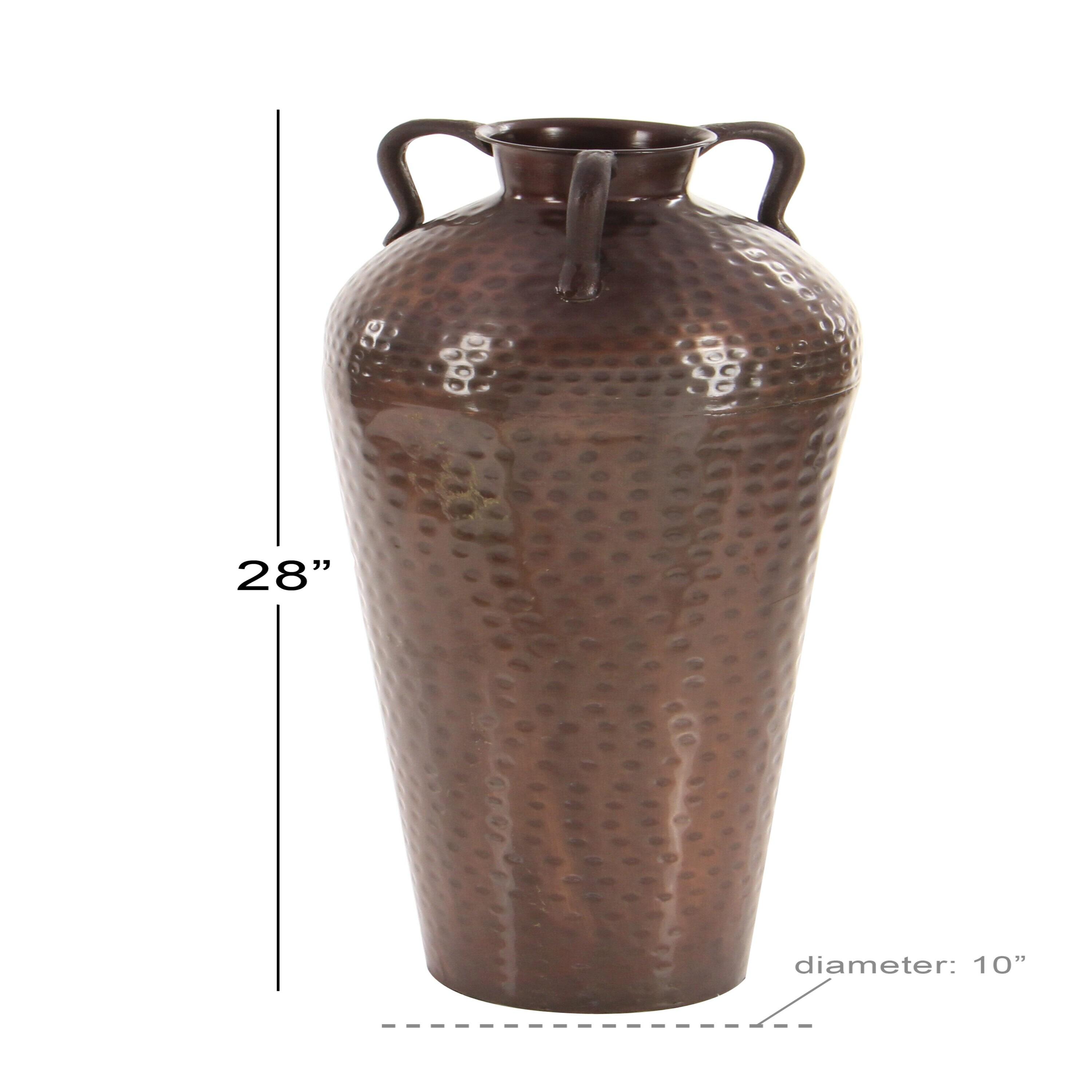 DecMode 28" Tall Floor Mediterranean Style Brown Metal Vase with Hammered Details and Handles