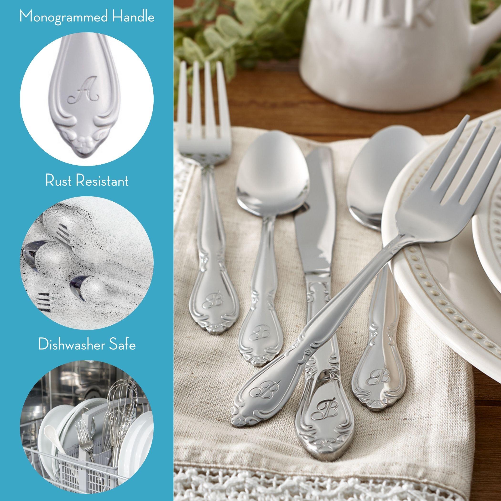 RiverRidge Home RiverRidge Rose Flatware 46-Piece Monogrammed Stainless Steel Silverware Set for 8