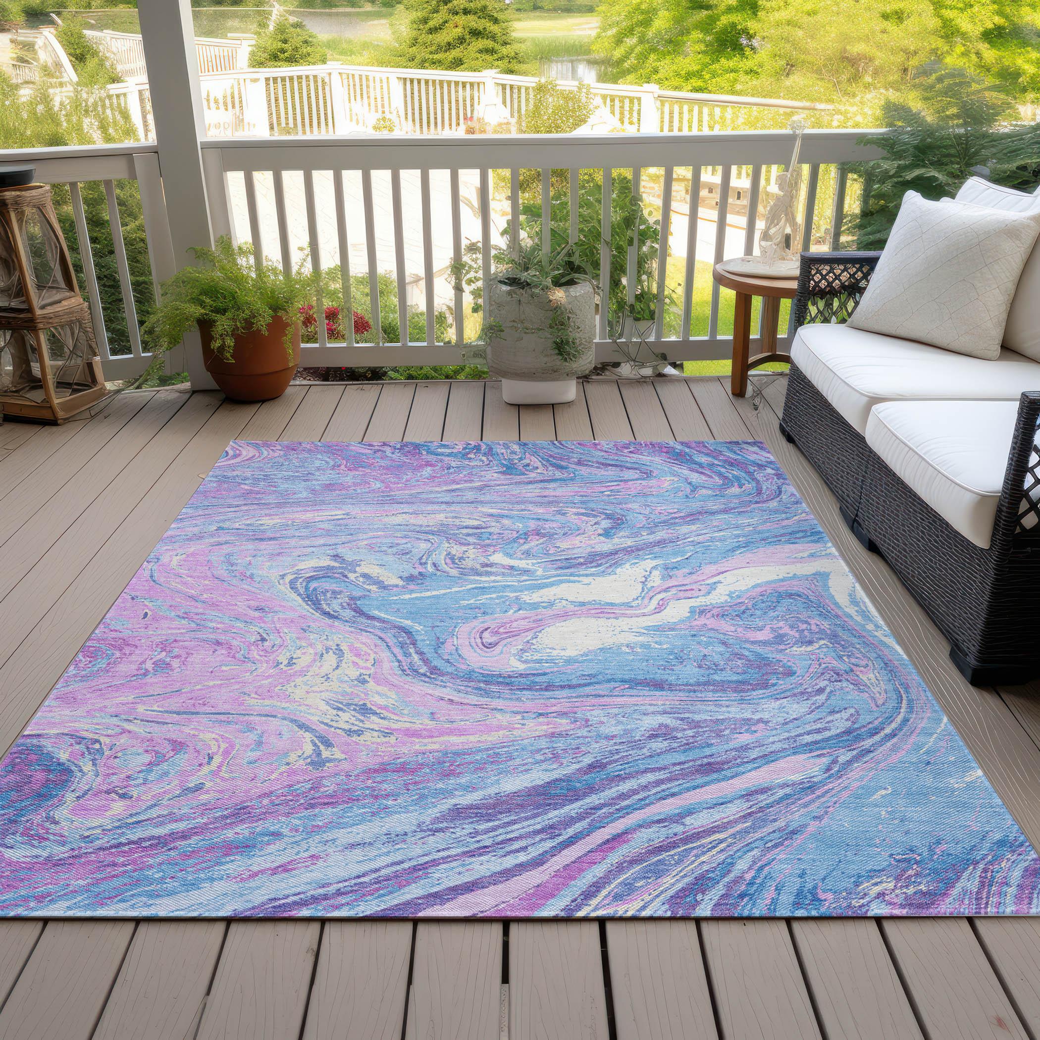 Sky Blue and Pink Abstract Synthetic 5' x 7' Washable Area Rug