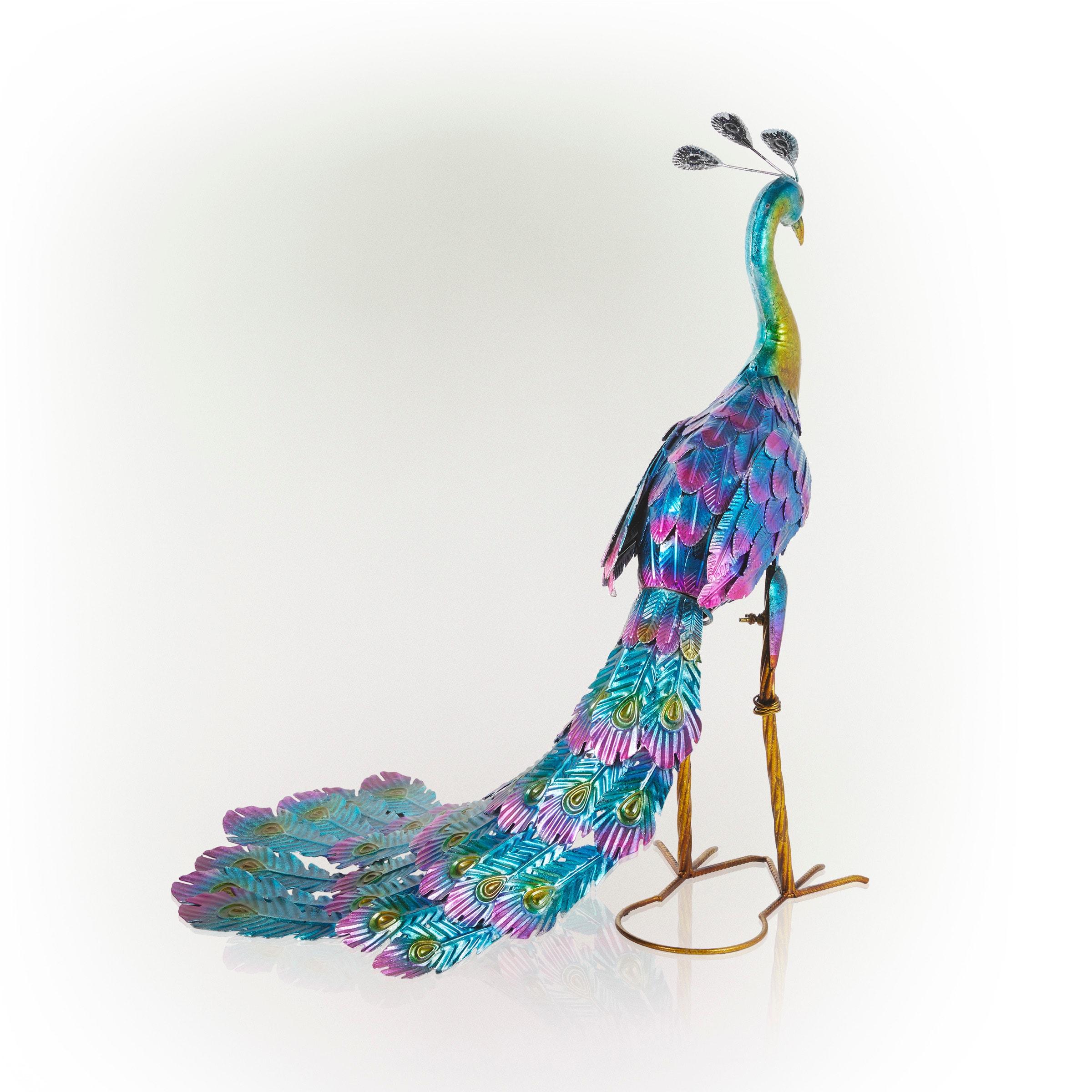 28" Metal Peacock Outdoor Decor With Glossy Finish Statue - Alpine Corporation: Garden Art, No Battery Required