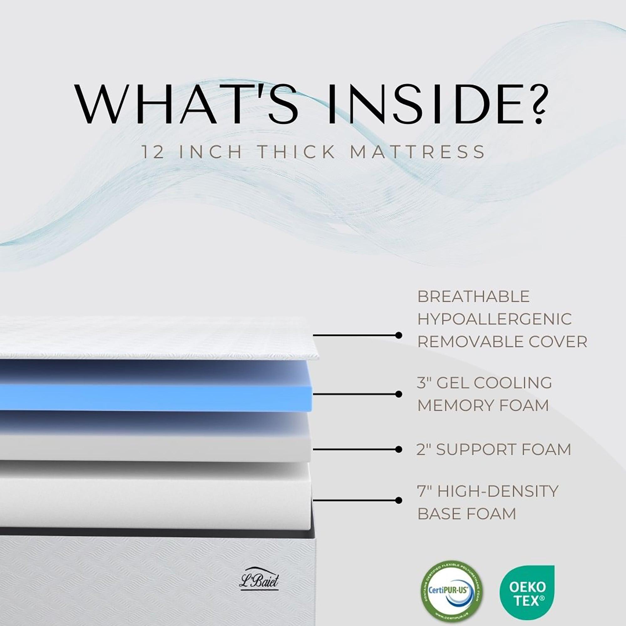 L’Baiet 12” Gel Memory Foam Mattress, Twin Size / Bed in a Box / Medium Firm / Breathable Cooling-Gel Comfort Technology / Pressure Relief / Comfy Support / Soft Fabric Cover / CertiPUR-US Certified