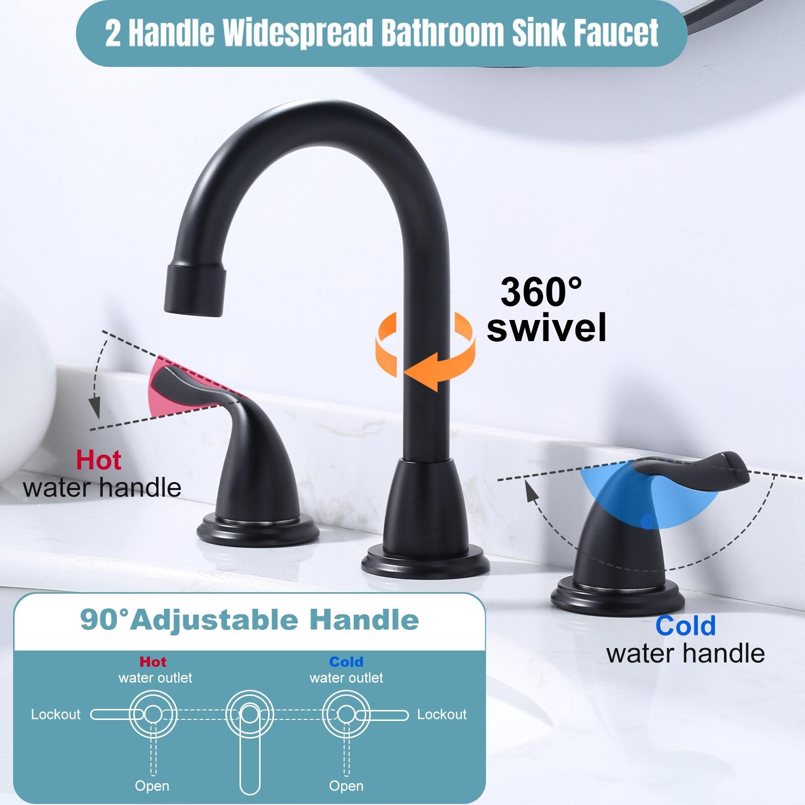 Matte Black Bathroom Faucet 3 Hole, WOWOW 8 Inch Widespread Bathroom Faucet, 2 Handles Bathroom Sink Faucet with Pon Up Drain and cUPC Supply Lines, 360 Swivel Faucet for Bathroom Sink