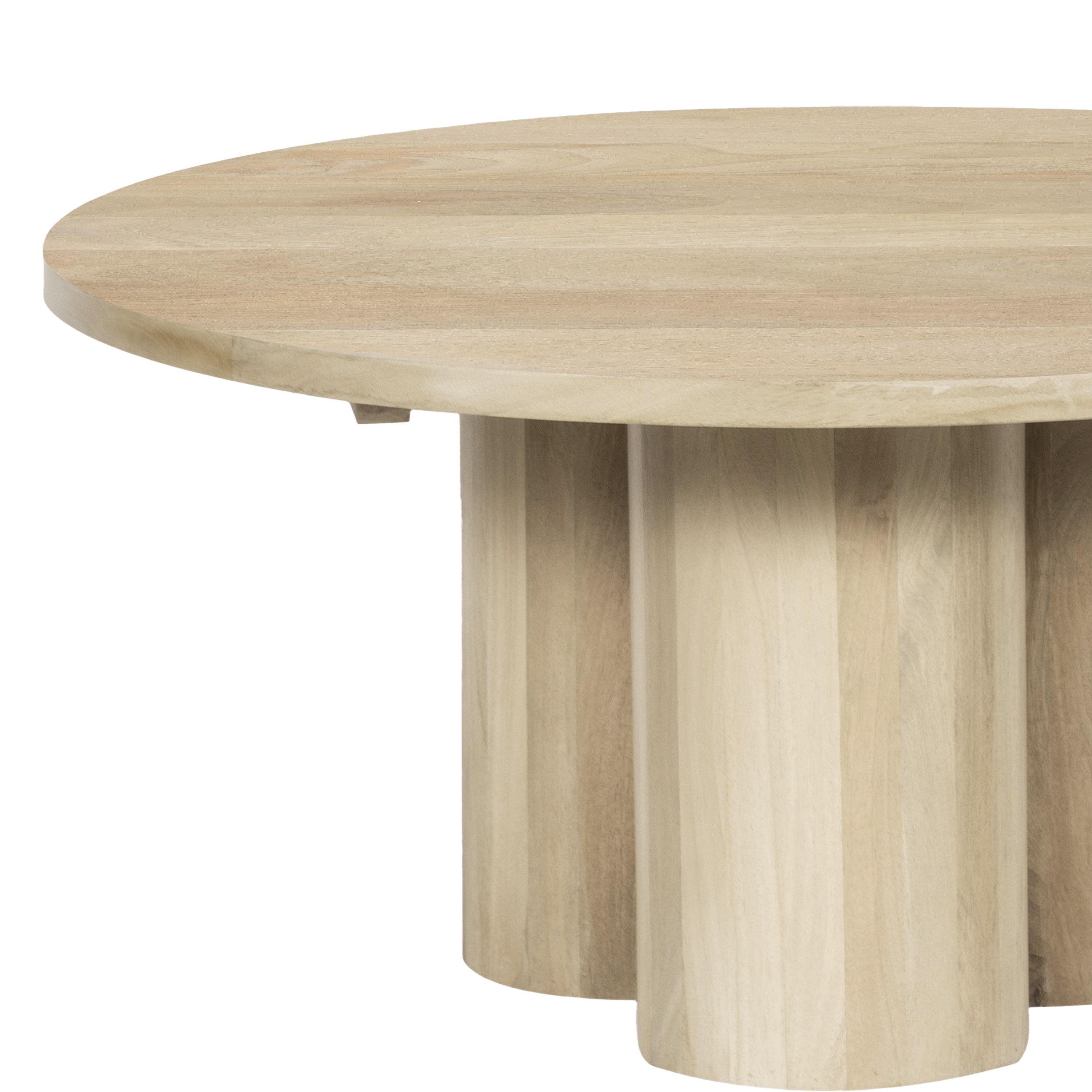 The Urban Port Hazel Coffee Table with 3 Pillar Legs, 35.5 Inch Round Top, Natural Brown Mango Wood