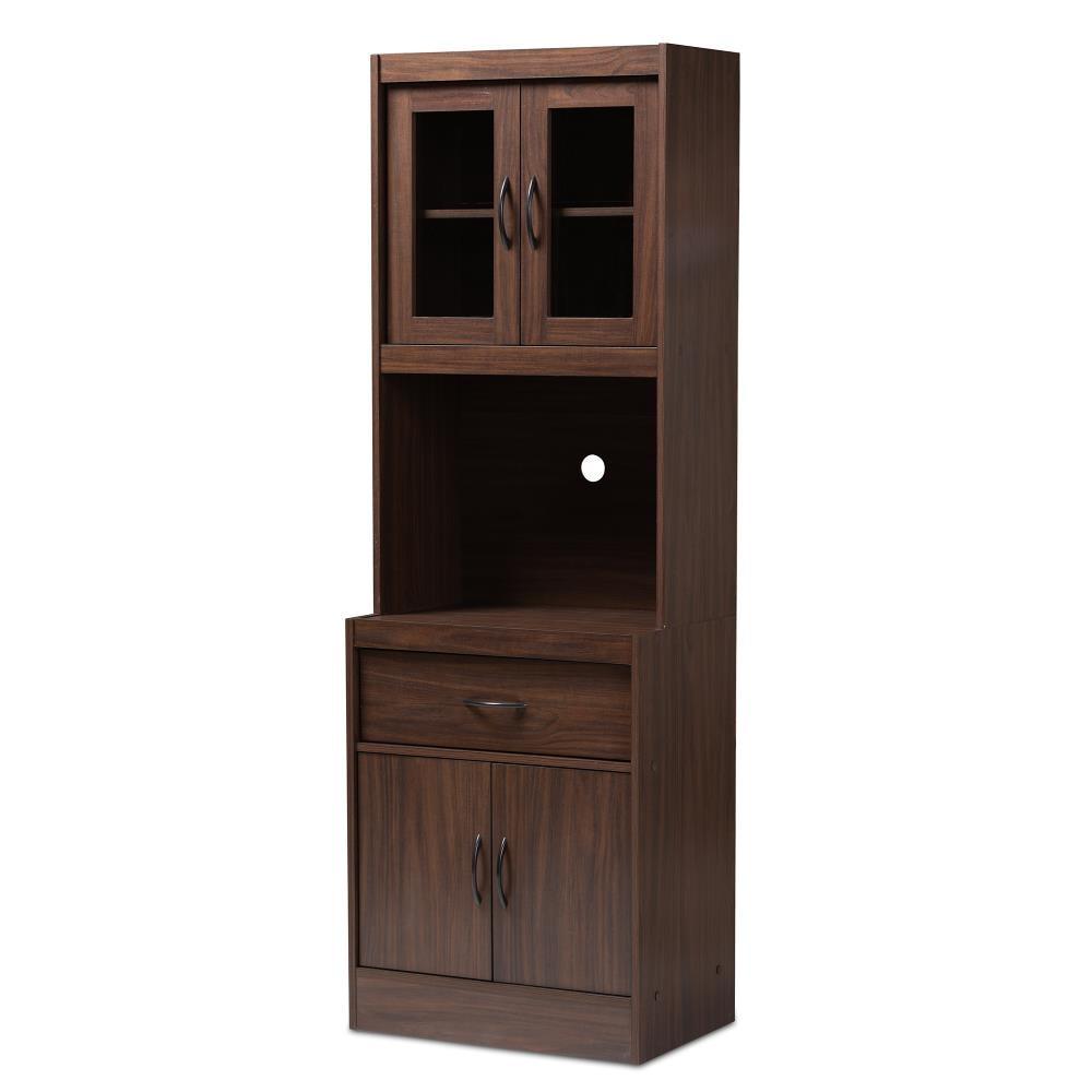 Baxton Studio Laurana Walnut Finished Kitchen Cabinet and Hutch Brown: Traditional Style, 4-Door Pantry Storage, 1 Drawer