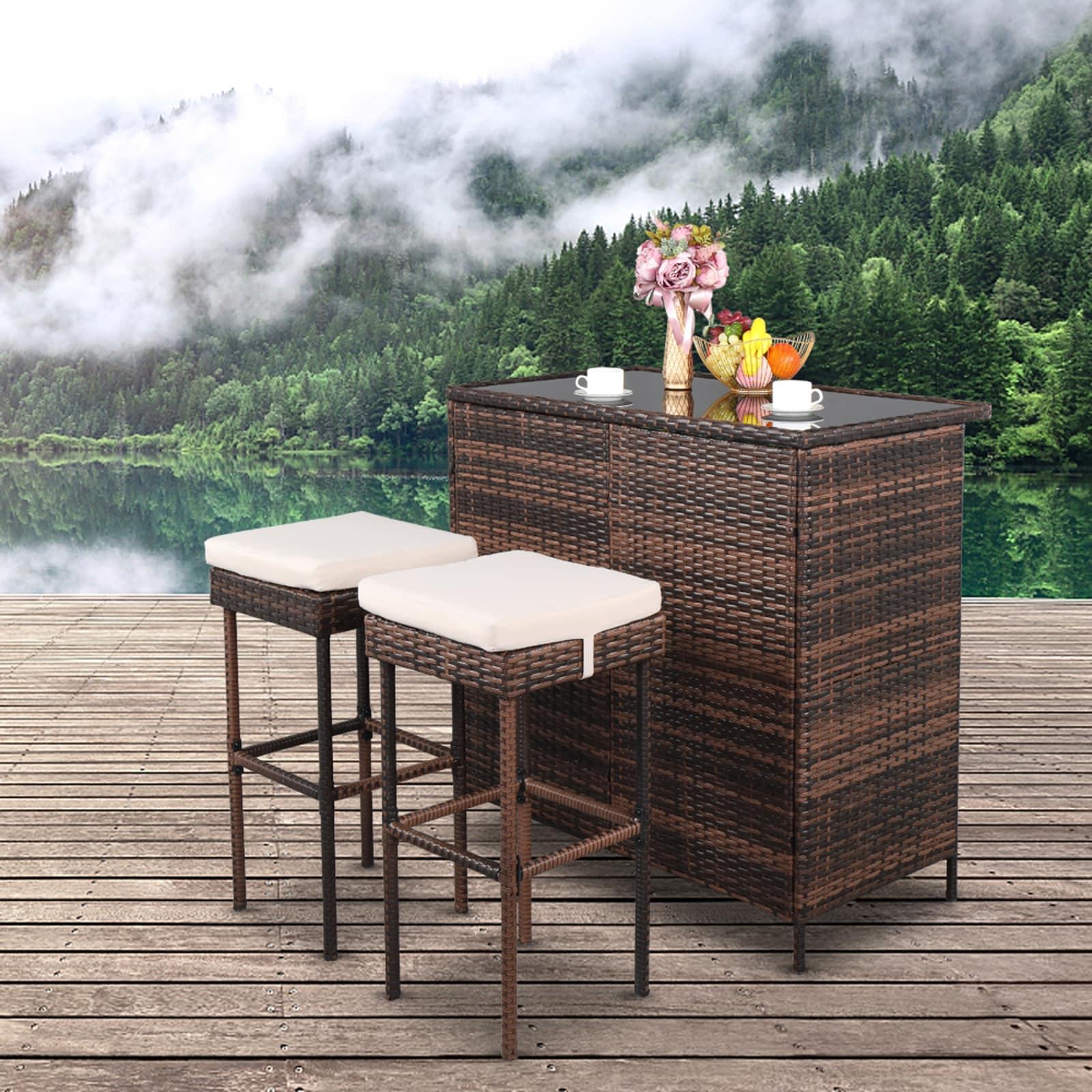GoDecor 3 pcs Patio Outdoor Rattan Wicker Bar Set, Brown, Wicker Bistro Set with 2 Bar Stools and 1 Wicker Bar Table, Brown