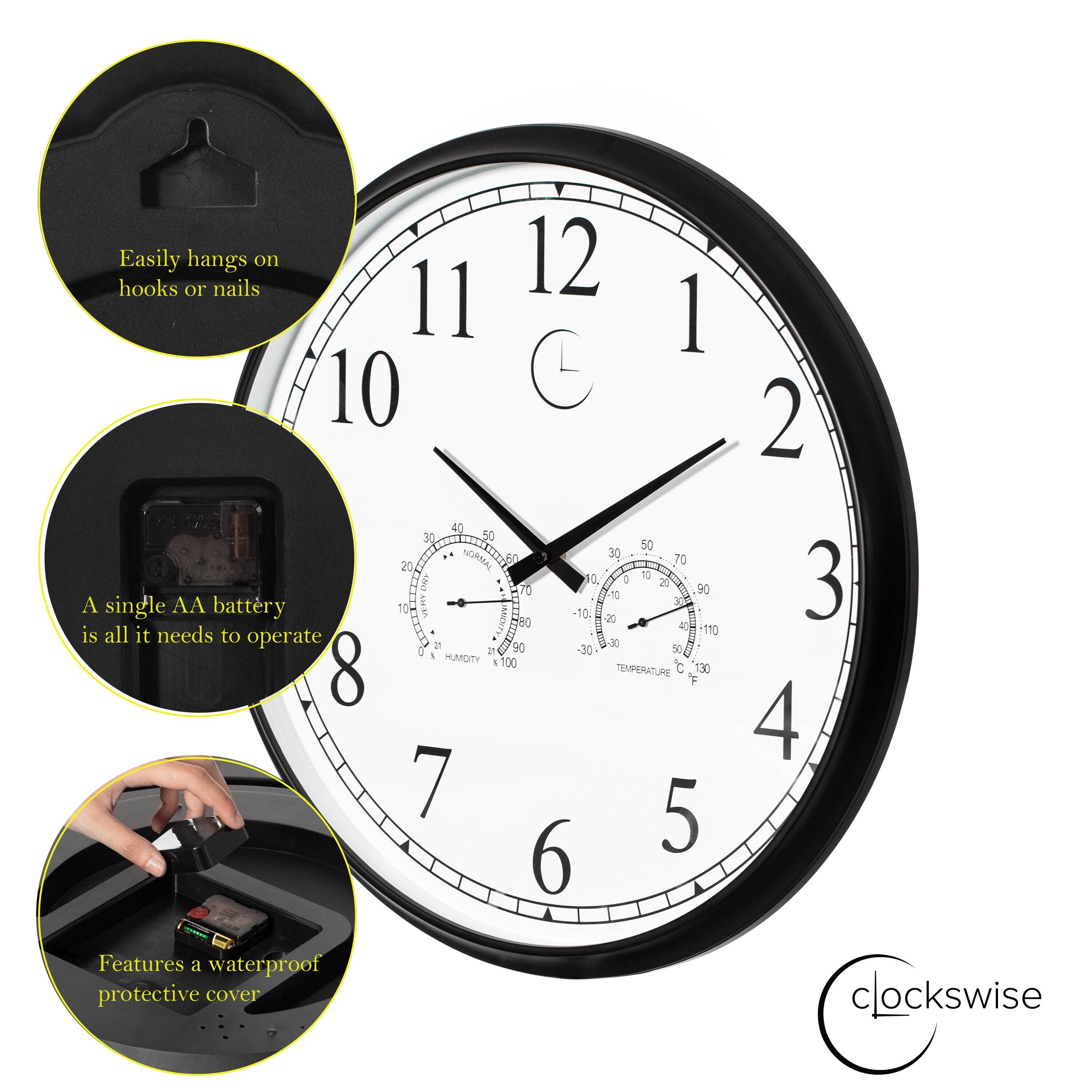 Clockswise 18 Inch Outdoor Wall Clock Thermometer Combo, Waterproof Hygrometer Silent Battery Operated Clocks Timepiece Garden Weather Master Station