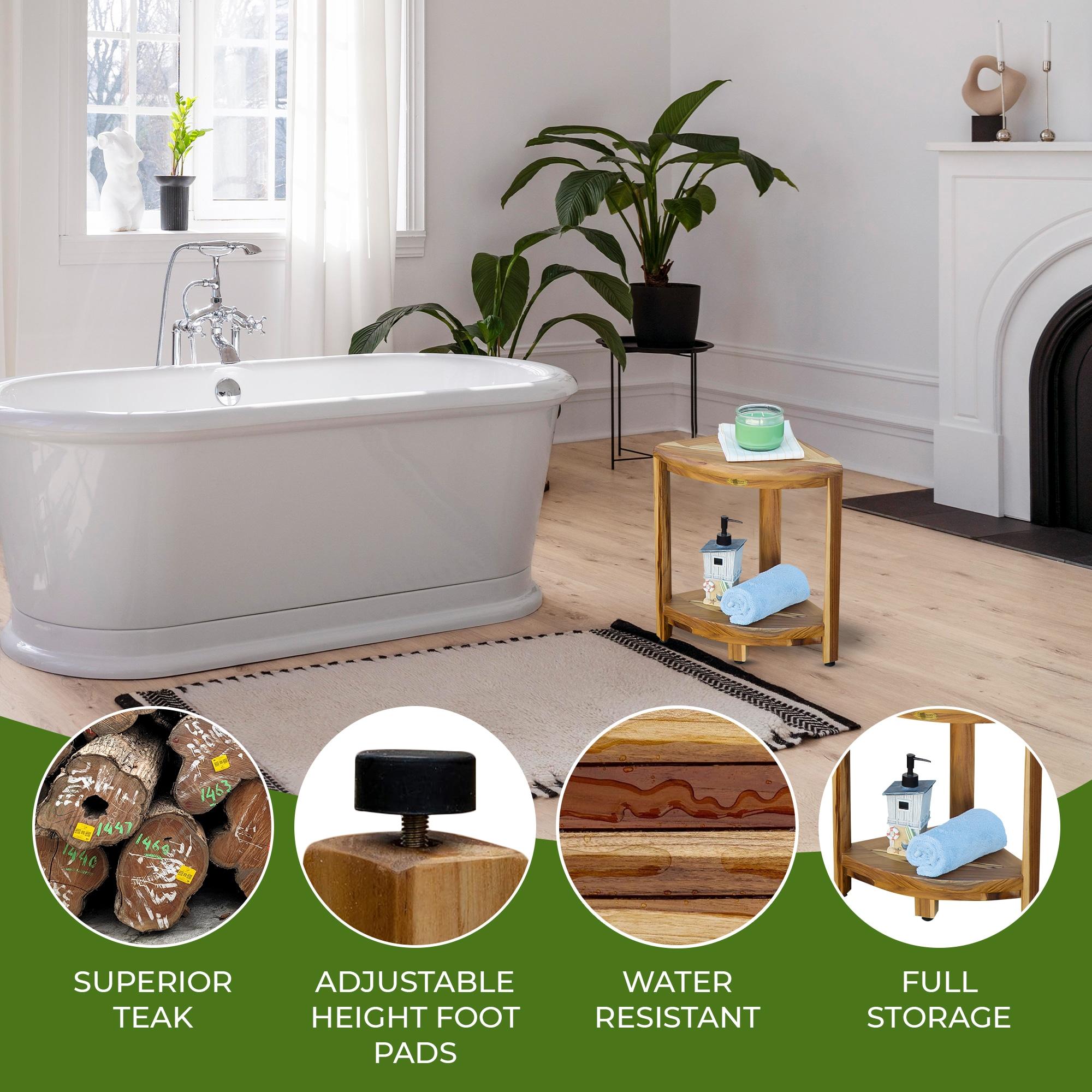 12" SnazzyCorner ED980 Wide Teak Shower Bench with Shelf - EcoDecors