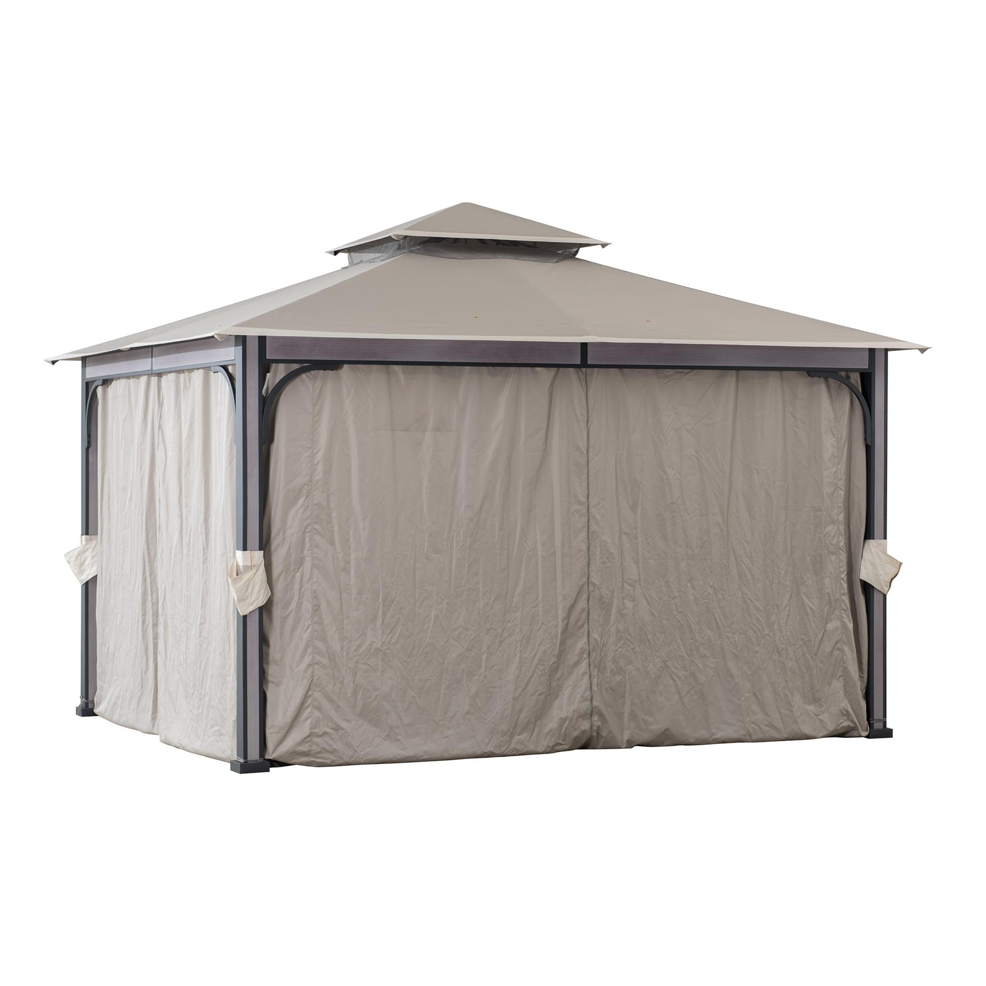 Sunjoy Roberts Outdoor Patio Steel Frame 11 x 13 ft. 2-Tier Soft Top Gazebo with Light Gray Canopy Roof, Netting, and Curtains