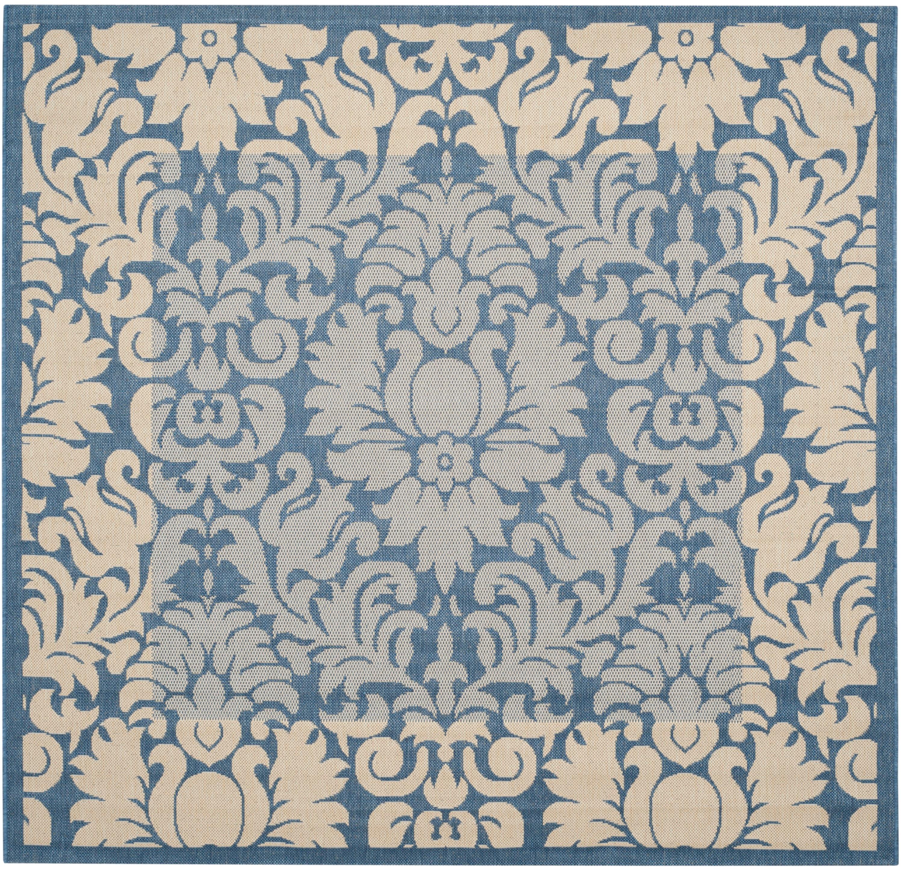 SAFAVIEH Courtyard Dani Damask Bordered Indoor/Outdoor Area Rug, 6'7" x 6'7" Square, Blue/Natural