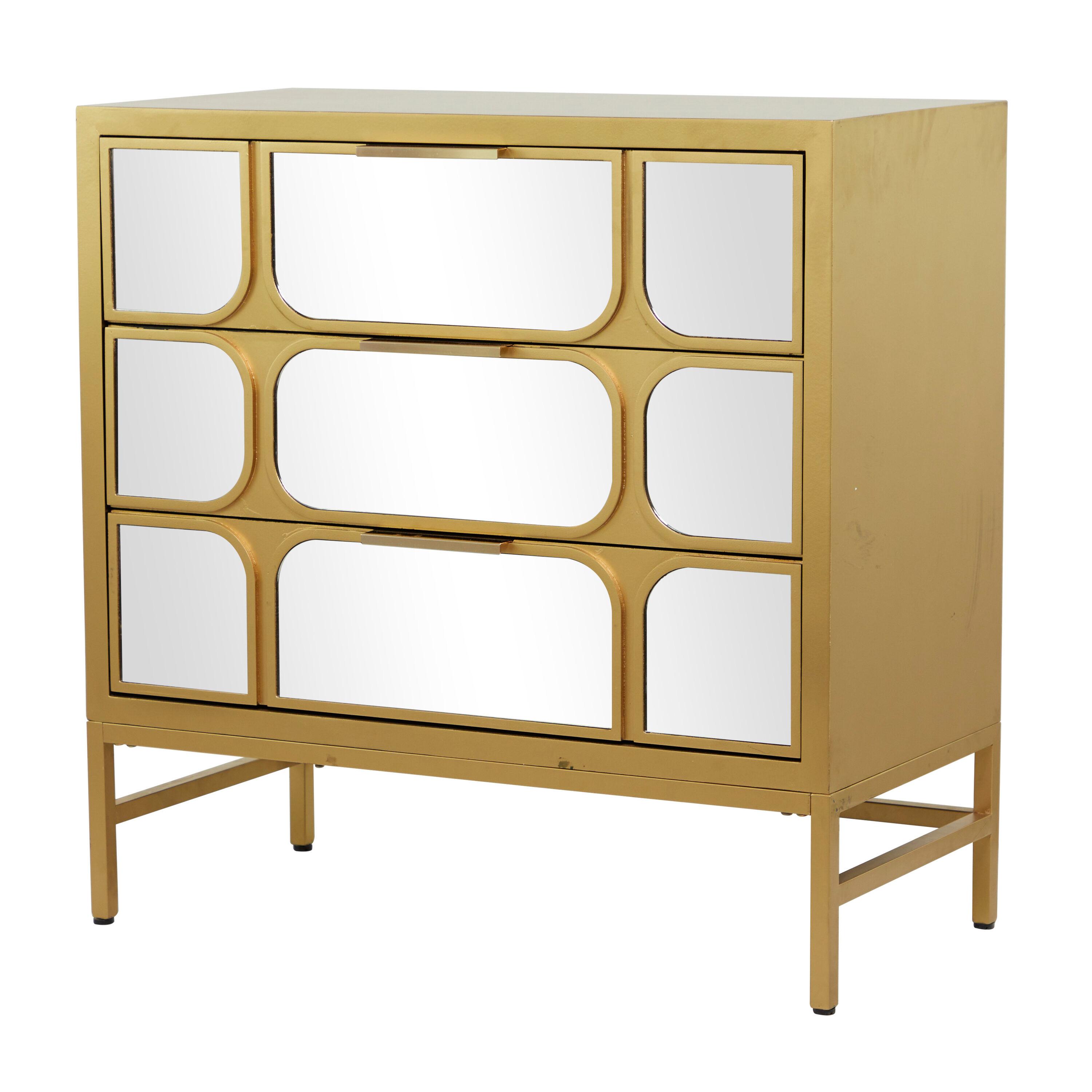 DecMode 32" x 32" Gold Wood 3 Drawer Cabinet with Mirrored Front, 1-Piece