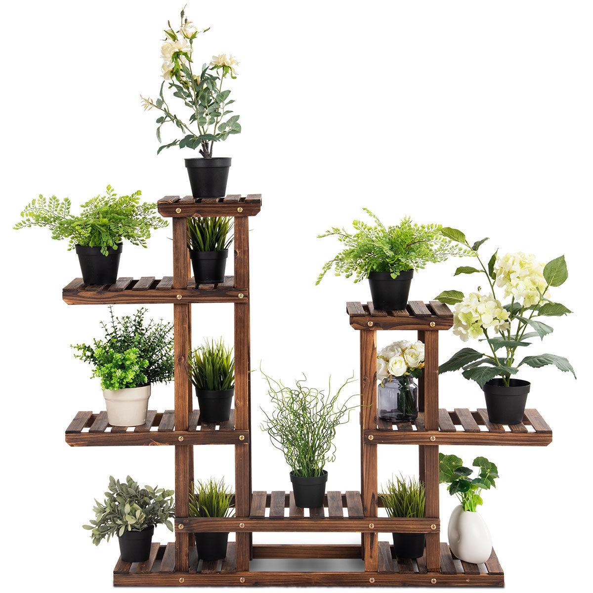 Costway 6Tier 13 Pots Wooden Plant Flower Display Stand Wood Shelf Storage Rack Garden