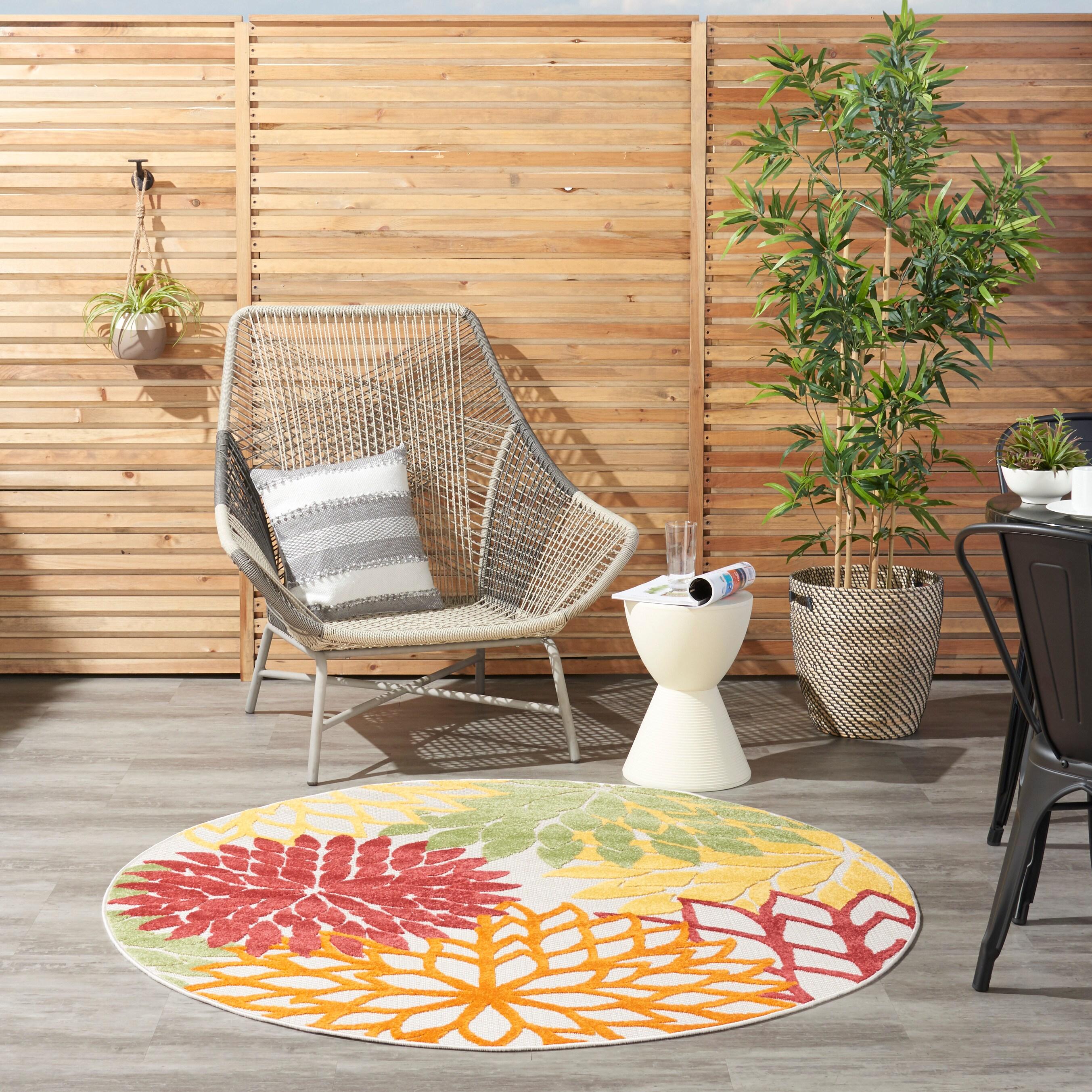 Nourison Aloha Floral Bloom Flatweave High-Low Indoor Outdoor Round Rug Red Multi Colored 5'3" x 5'3"