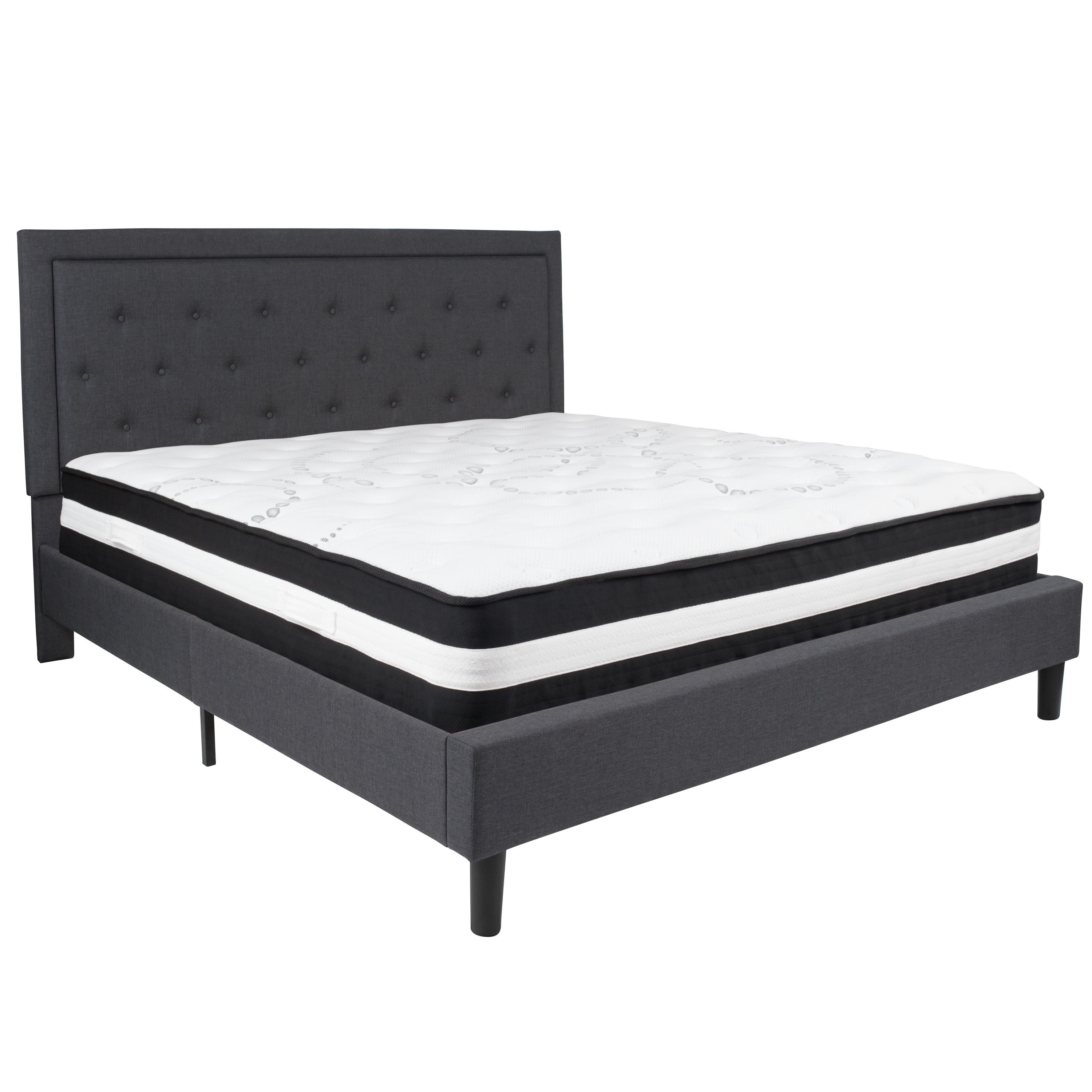 Flash Furniture Roxbury King Size Tufted Upholstered Platform Bed in Dark Gray Fabric with Pocket Spring Mattress