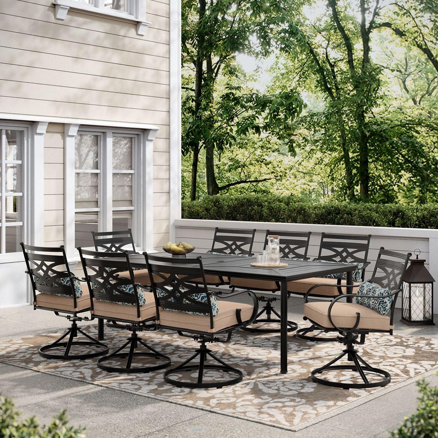 Hanover Montclair 9-Piece All-Weather Outdoor Patio Dining Set, 8 Swivel Rocker Chairs with Comfortable Seat and Lumbar Cushions, 84"x42" Stamped Rectangle Table, MCLRDN9PCSW8-TAN