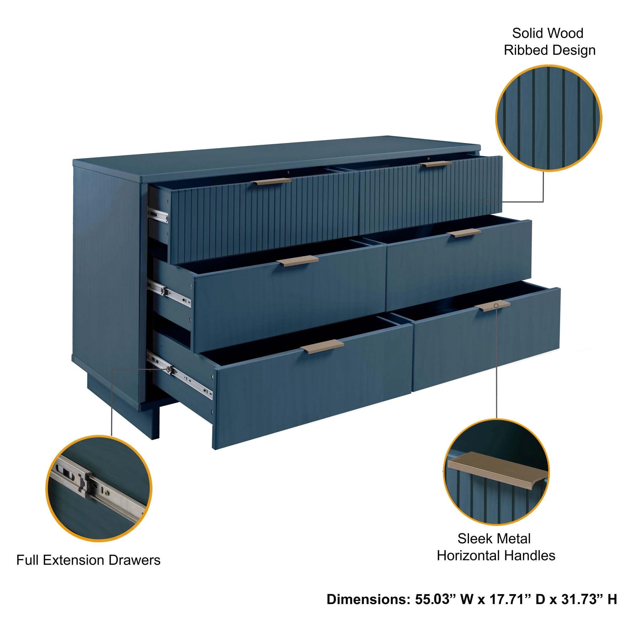 Granville Modern 6 Drawer Double Wide Dresser Midnight Blue - Manhattan Comfort: UV Painted, Soft Close, Wood Frame