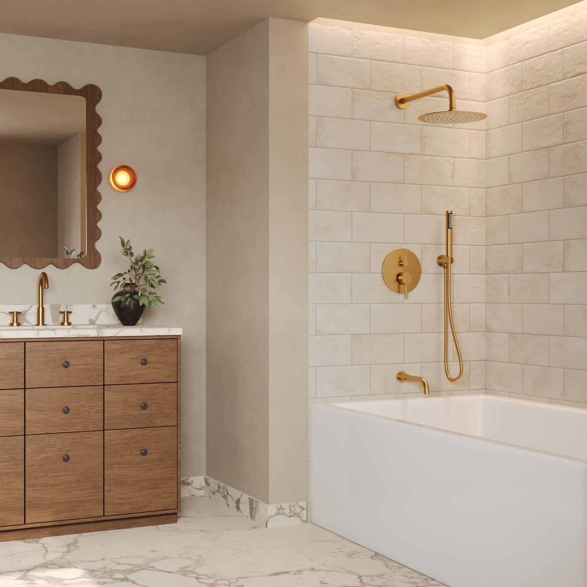 GRANDJOY Dual Wall Mount Rainfall Shower Head System Adjustable 12 inch & 6 inch Shower Faucet Set with Handheld Shower Spray Thermostatic Pressure Balance Value, Brushed Gold