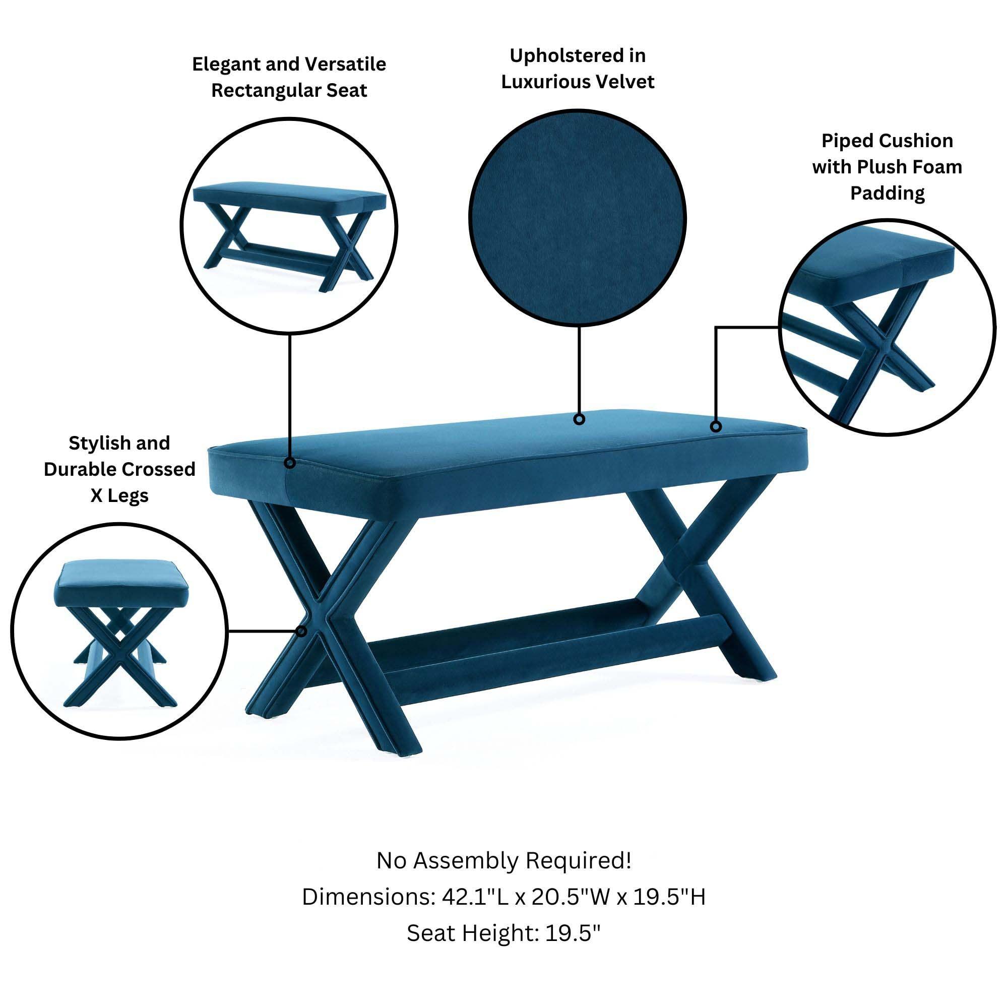 Manhattan Comfort Abigail Velvet Upholstered Double Ottoman Blue: Mid-Century Modern, Padded, Wood Legs