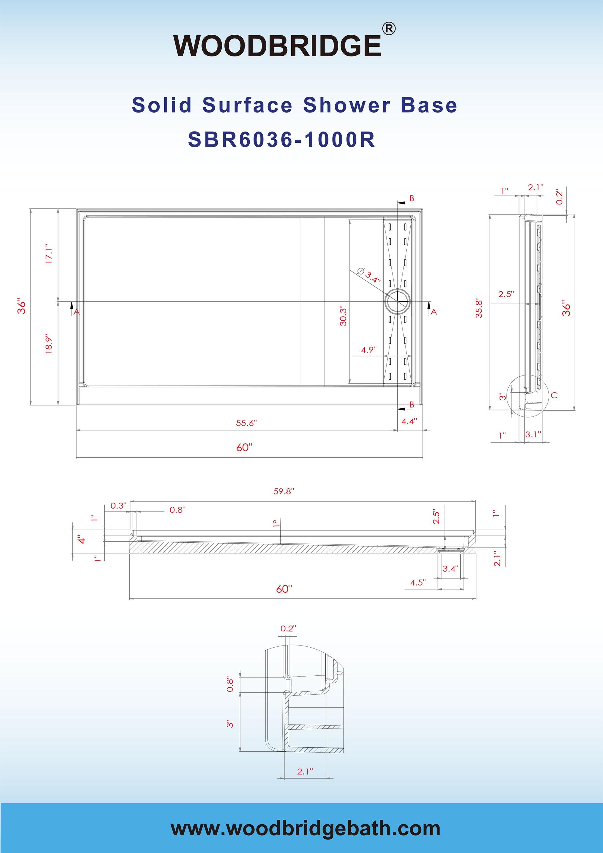 60" x 36" Solid Surface Single Threshold Shower Pan Base with Drain Assembly & Drain Cover Included, Non-Slip