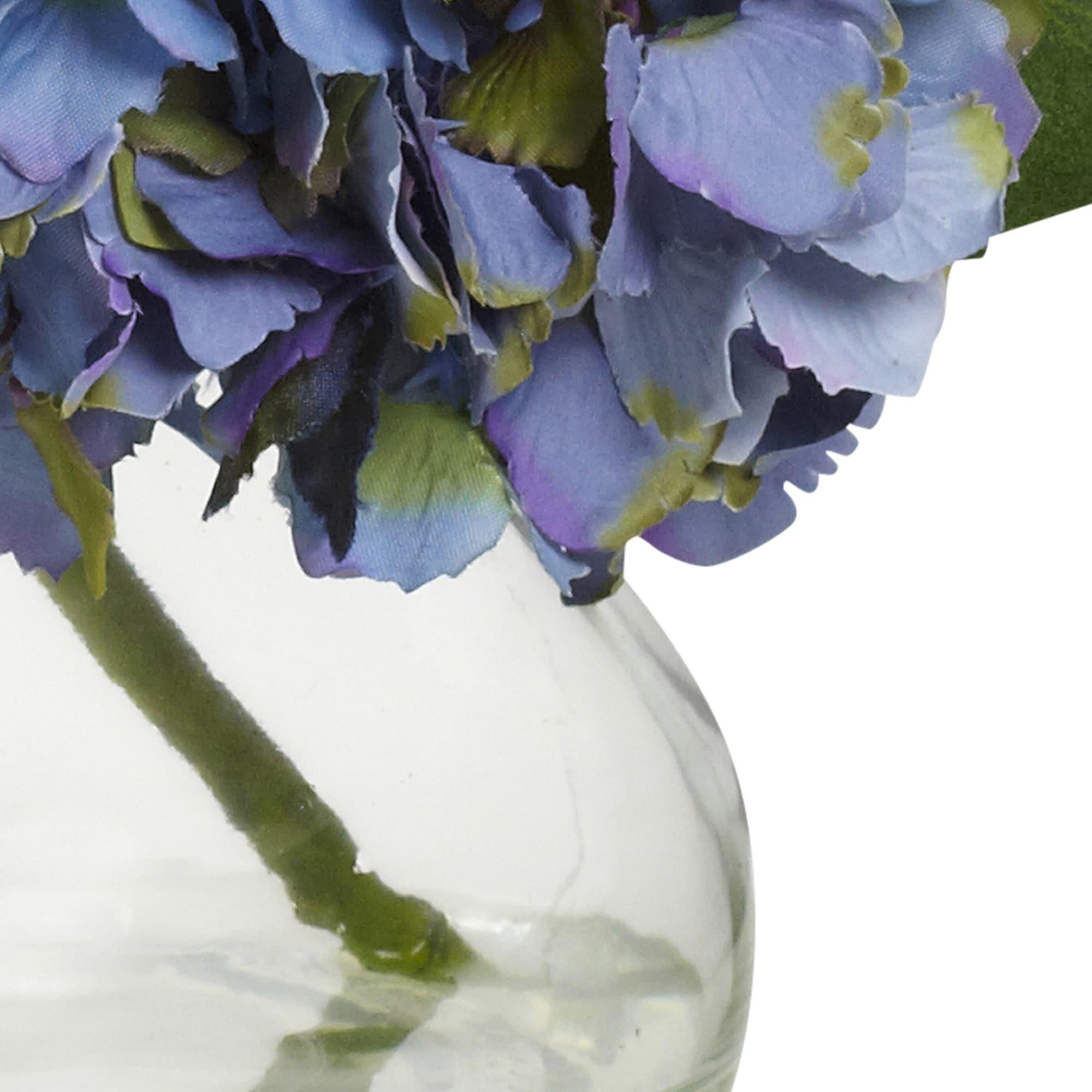 Nearly Natural Blooming Hydrangea with Decorative Vase/Faux Water in Blue/Clear