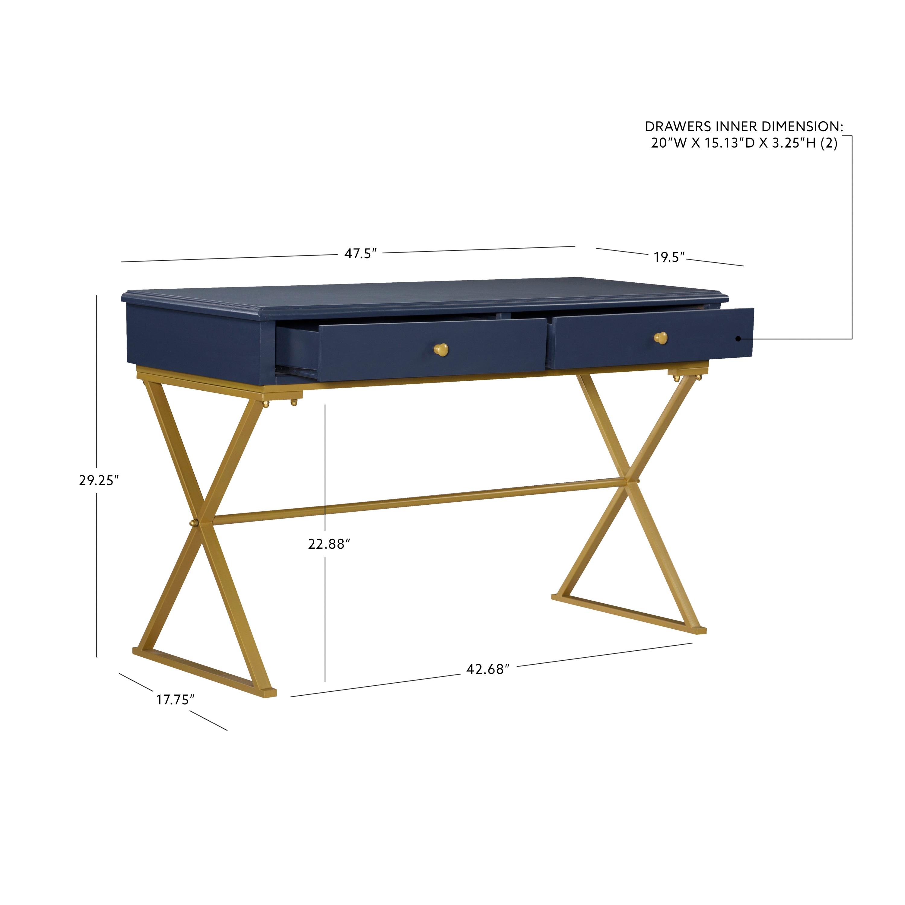 Campaign 2 Drawer Desk Blue/Gold - Linon: Matte Gold Legs, MDF, Metal Hardware