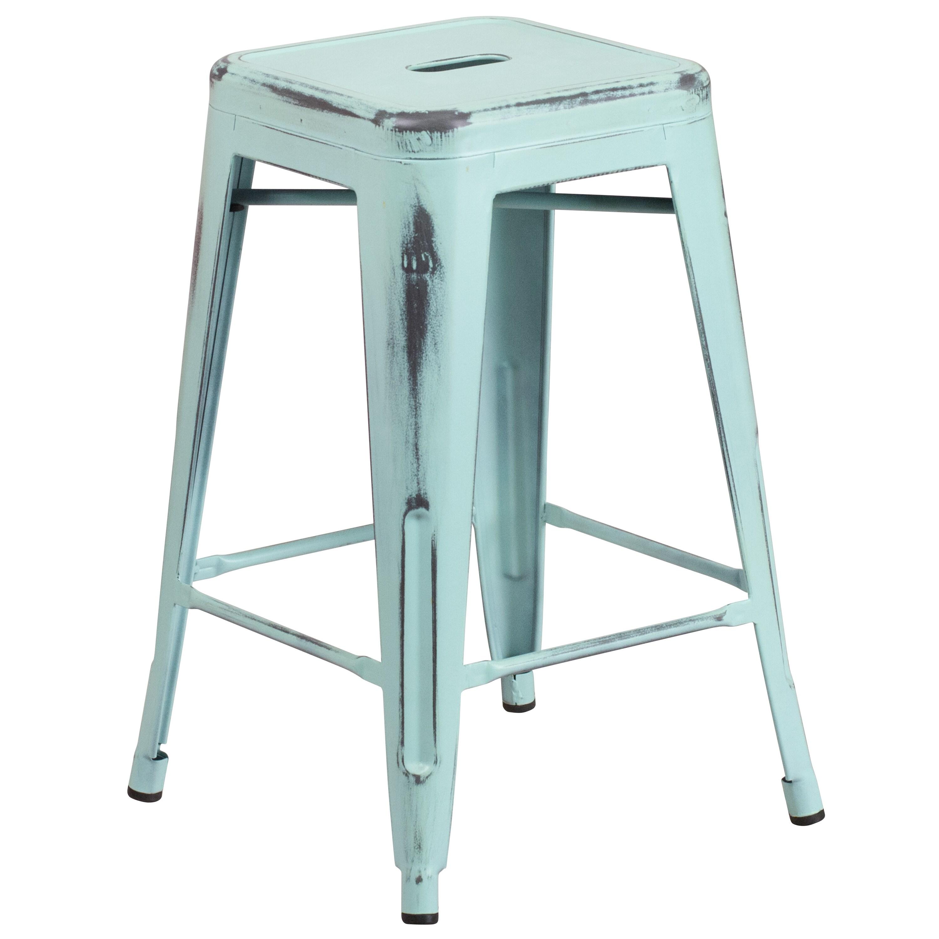 Flash Furniture Kai Commercial Grade 24" High Backless Distressed Green-Blue Metal Indoor-Outdoor Counter Height Stool