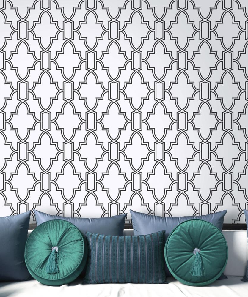NextWall  Black and White Tile Trellis Peel and Stick Wallpaper - 20.5 in. W x 18 ft. L