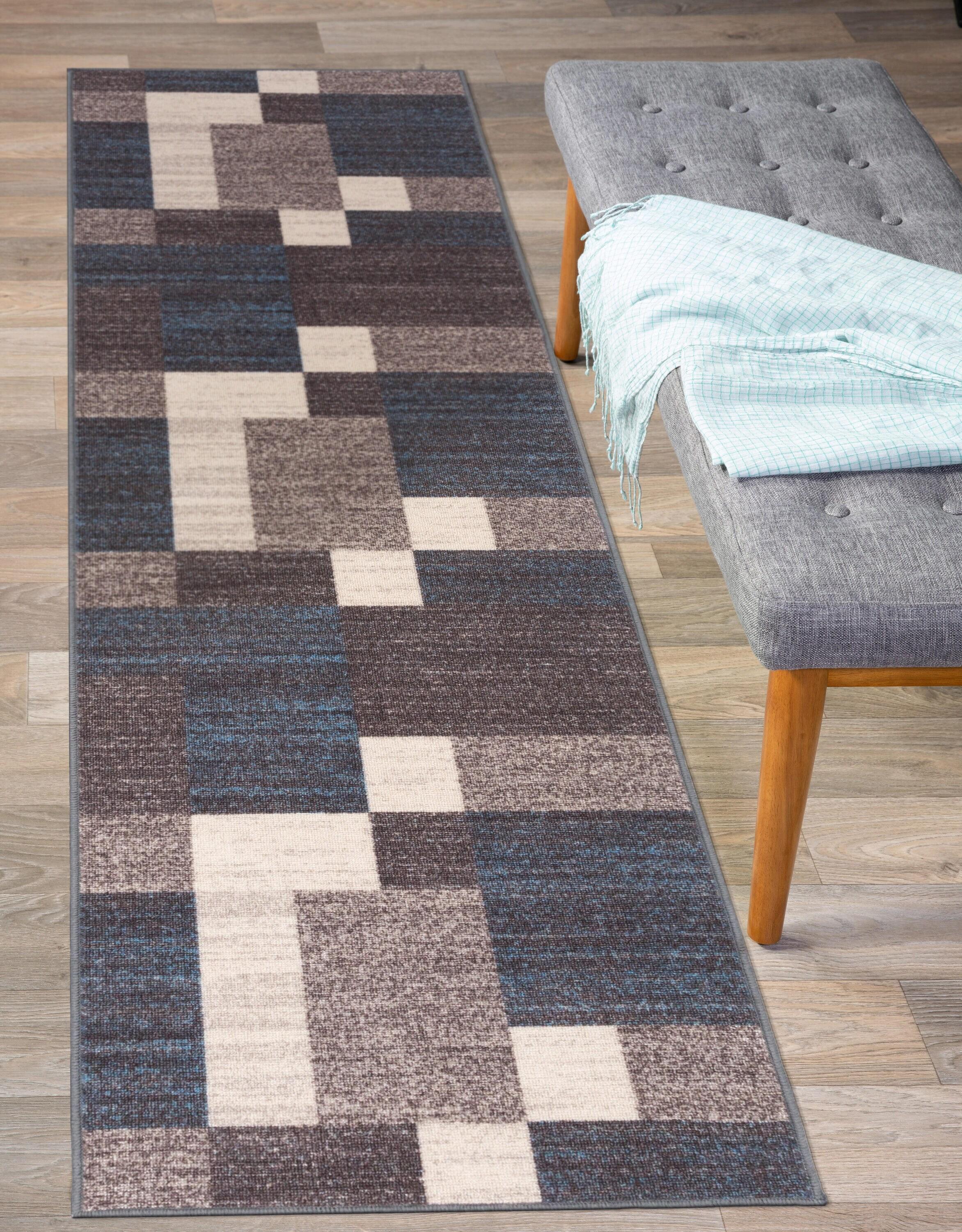 World Rug Gallery Modern Boxes Design Non-slip (Non-skid) Blue 22" x 84" Indoor Runner Rug:  Low Pile Area Rug