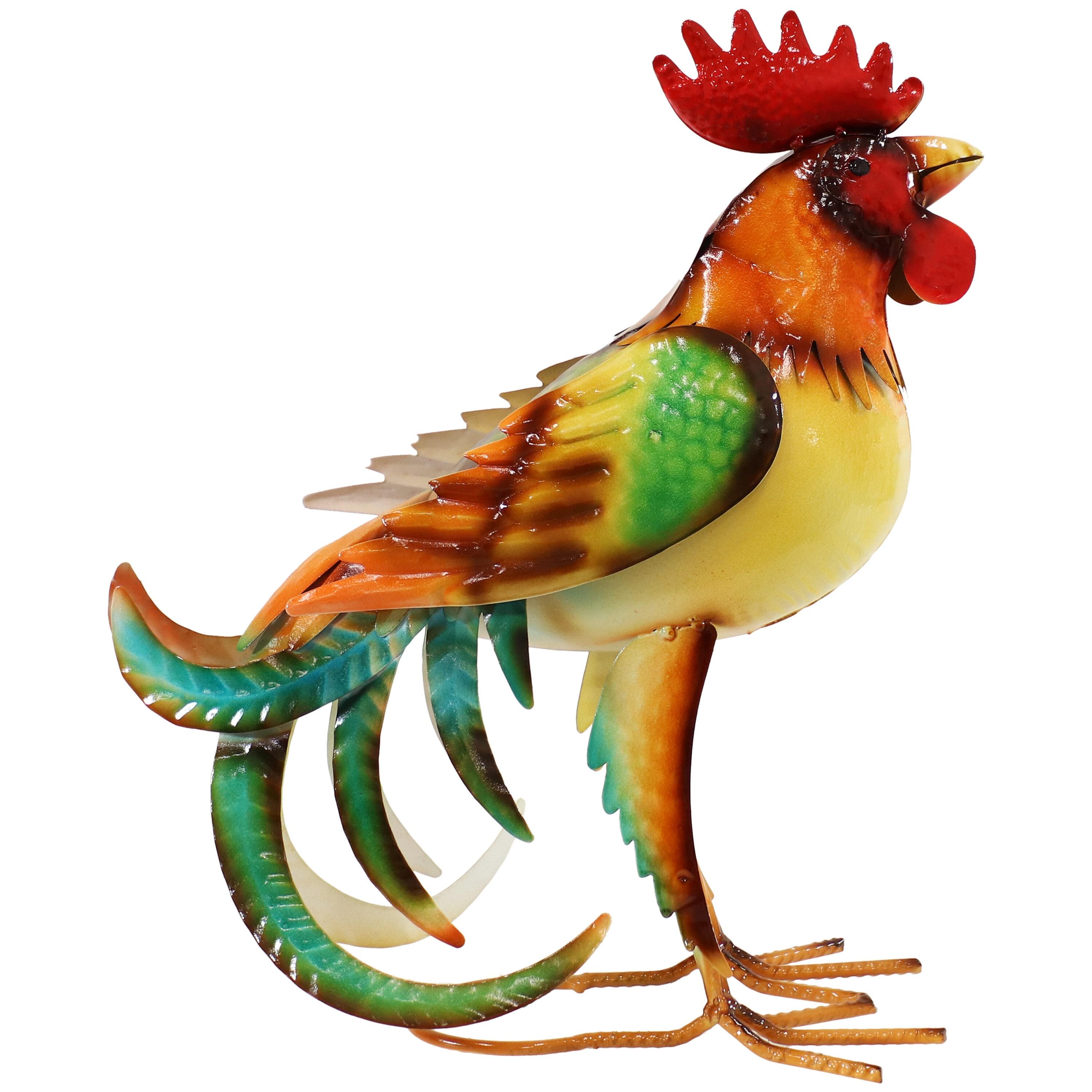 Sunnydaze Romeo the Rooster Metal Outdoor Statue - 16" – Red, Orange, Yellow, and Green