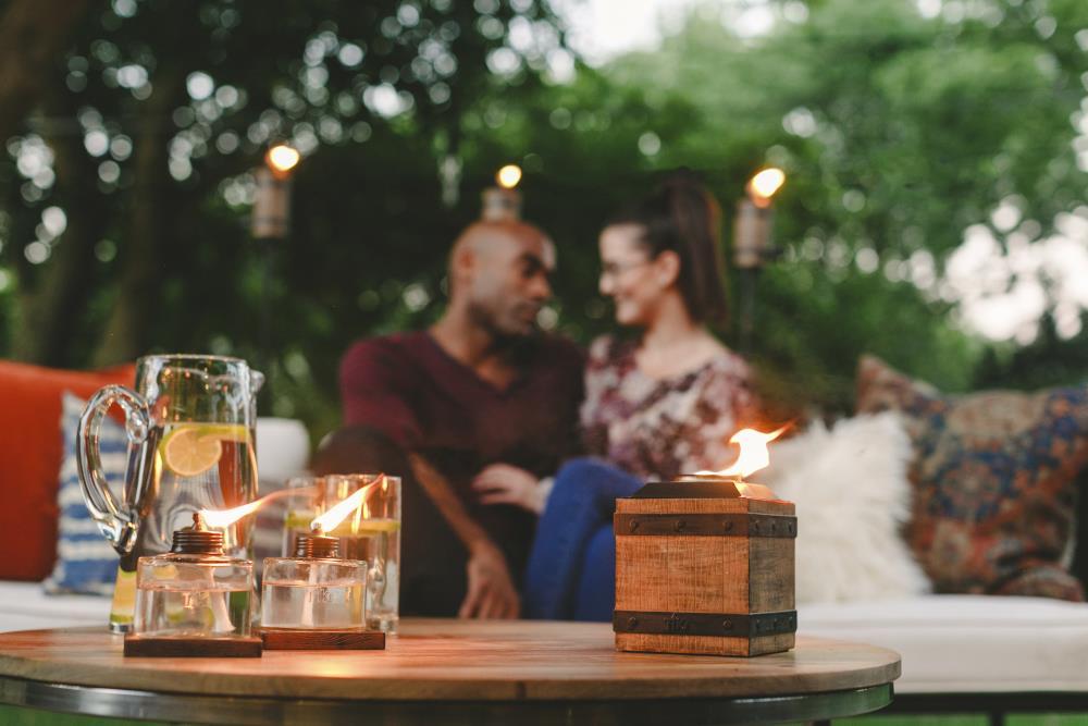 TIKI Mixed Material Tabletop Torch: Weather-Resistant, Smooth Finish, Refillable Fuel Canister, No Assembly Required