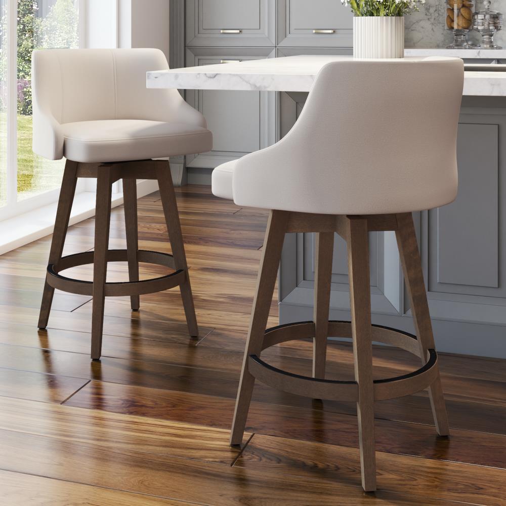 Nolan Swivel Counter Height Barstool Cream Faux Leather/Brown Wood - Amisco: Modern Upholstered, Footrest, 300 lbs Capacity