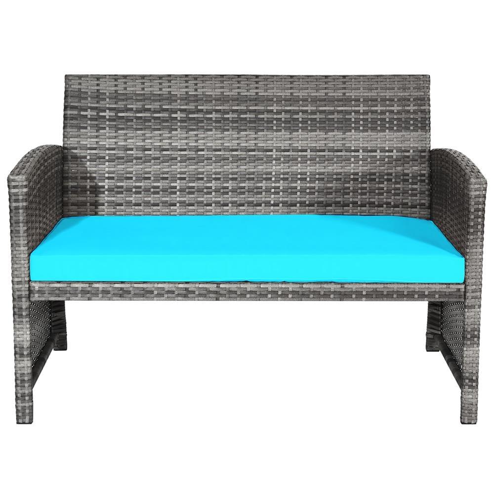 Spaco 4 Pieces Patio Rattan Furniture Set, Balcony Furniture Outdoor Rattan Patio Conversation Set with Cushions-Turquoise