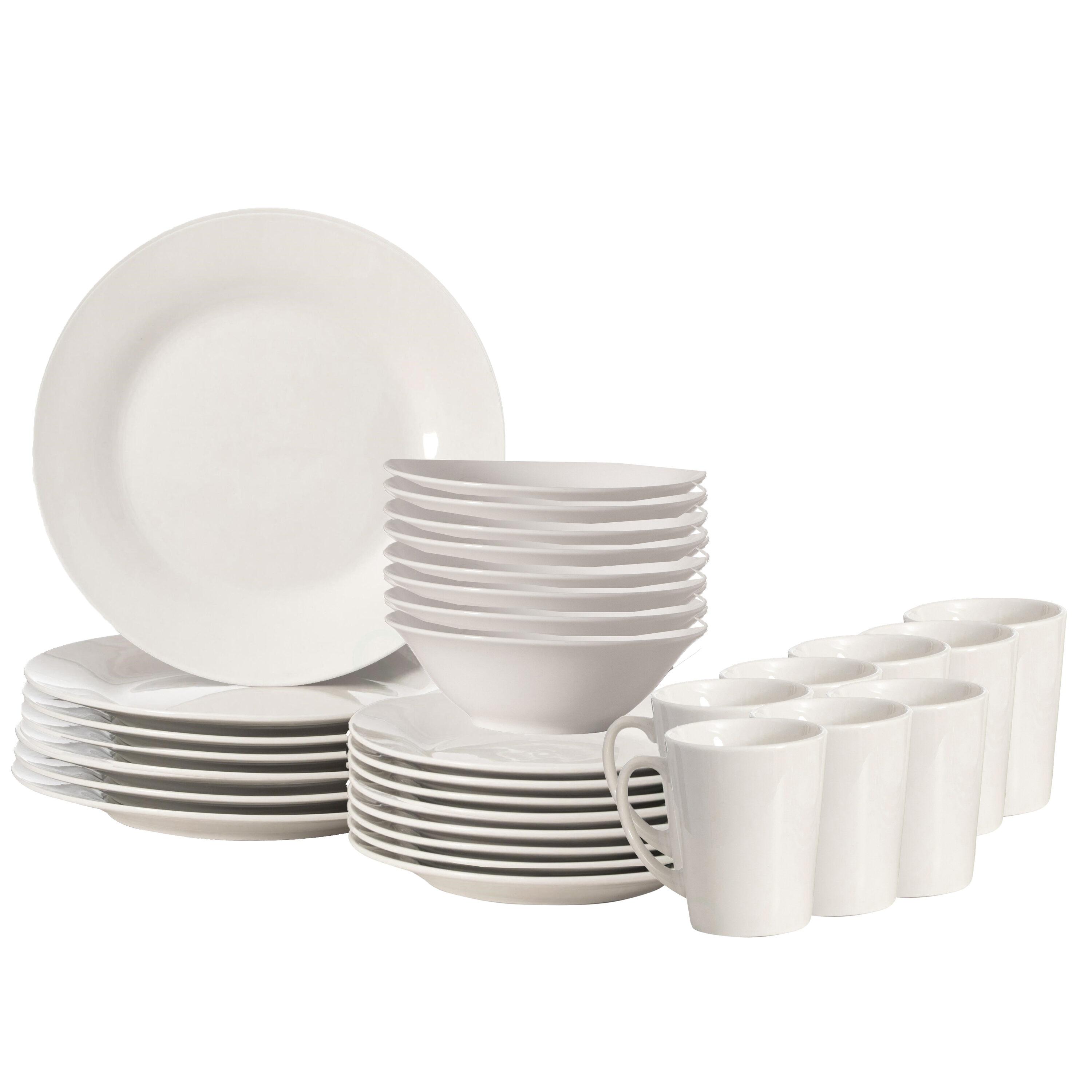 Dinewares 32 PC Spin Wash Dinnerware Dish Set for 8 Person | Mugs, Salad and Dinner Plates and Bowls Sets, Dishwasher and Microwave Safe, White