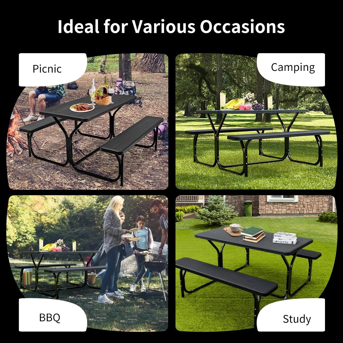 Kepooman Picnic Table, Camping Table, HDPE Outdoor Picnic Table Bench Set with Metal Base-Black