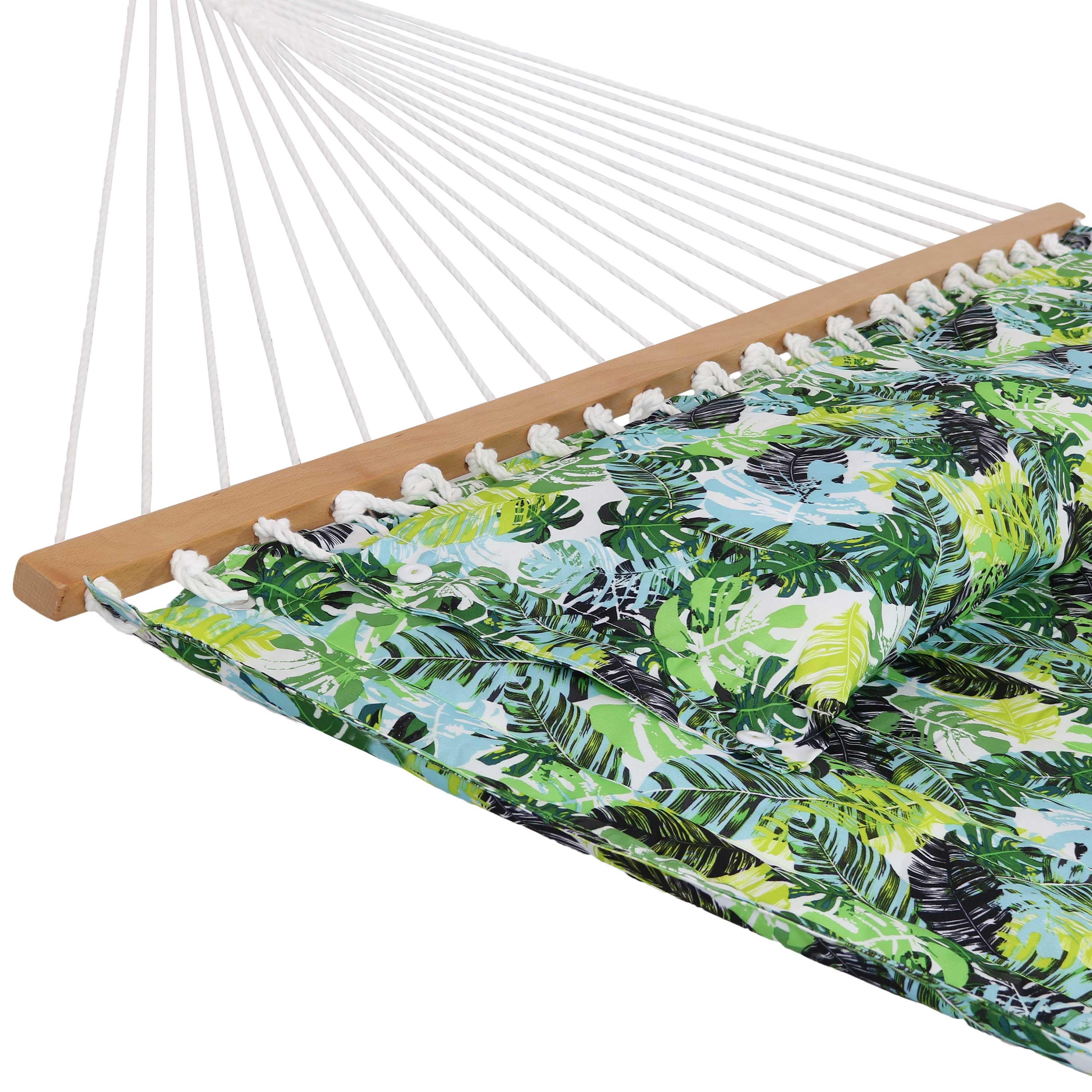 Sunnydaze 2-Person Quilted Printed Fabric Spreader Bar Hammock/Pillow with S Hooks and Hanging Chains - 450 lb Weight Capacity - Tropical Greenery