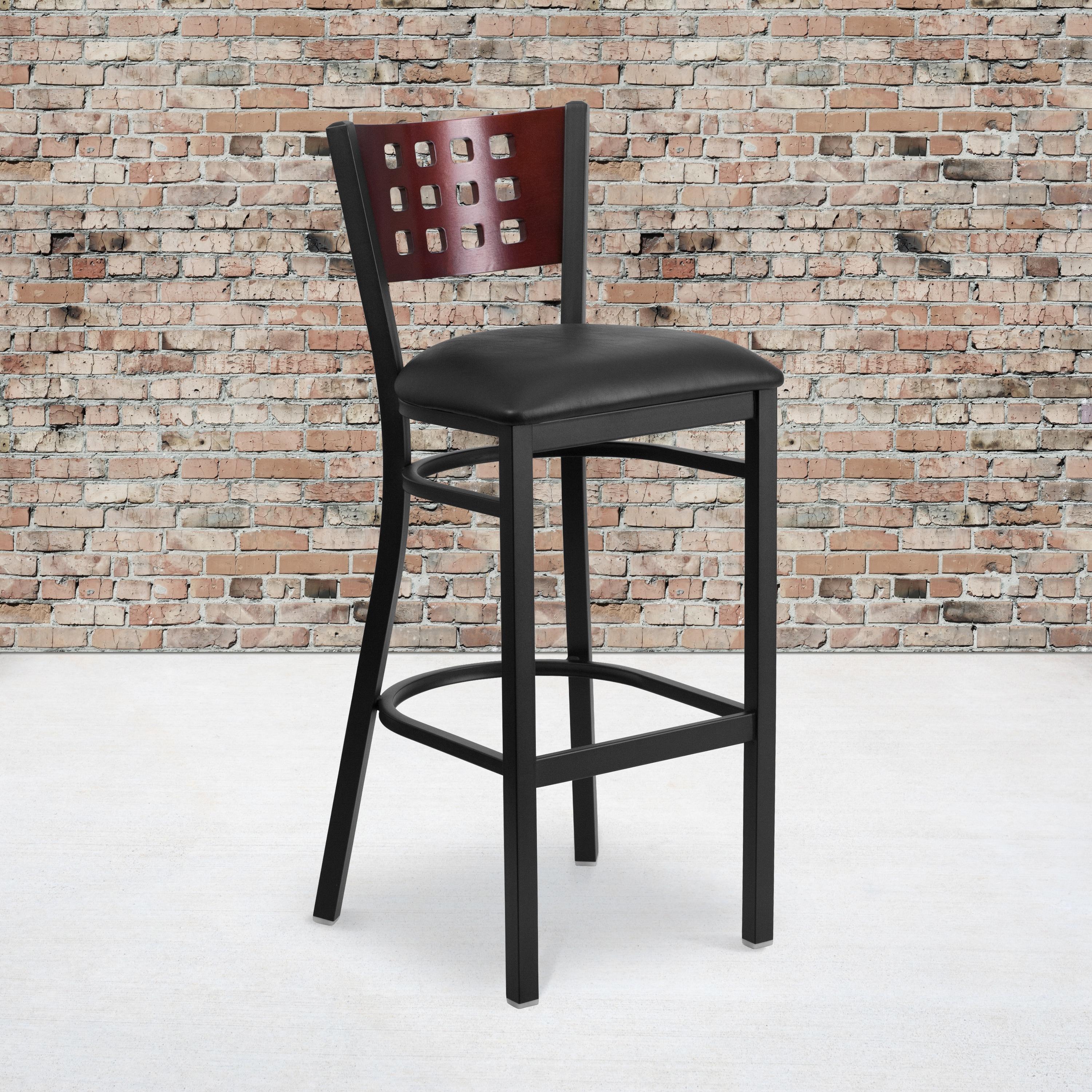 Flash Furniture HERCULES Series Black Cutout Back Metal Restaurant Barstool - Mahogany Wood Back, Black Vinyl Seat