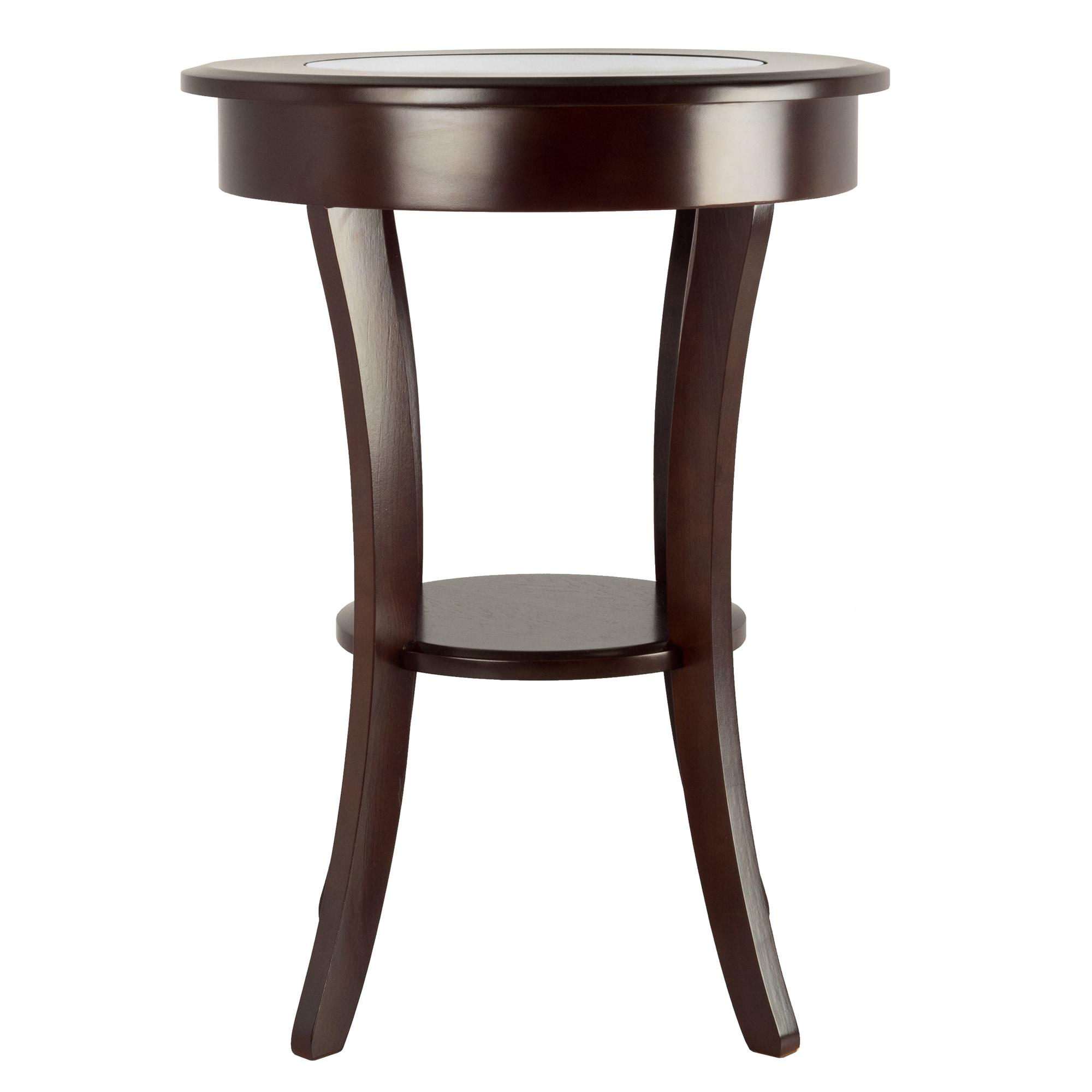 Cassie Round Accent Table with Glass - Cappuccino - Winsome: Flared Legs, Wood Composite Shelf, 27" Height