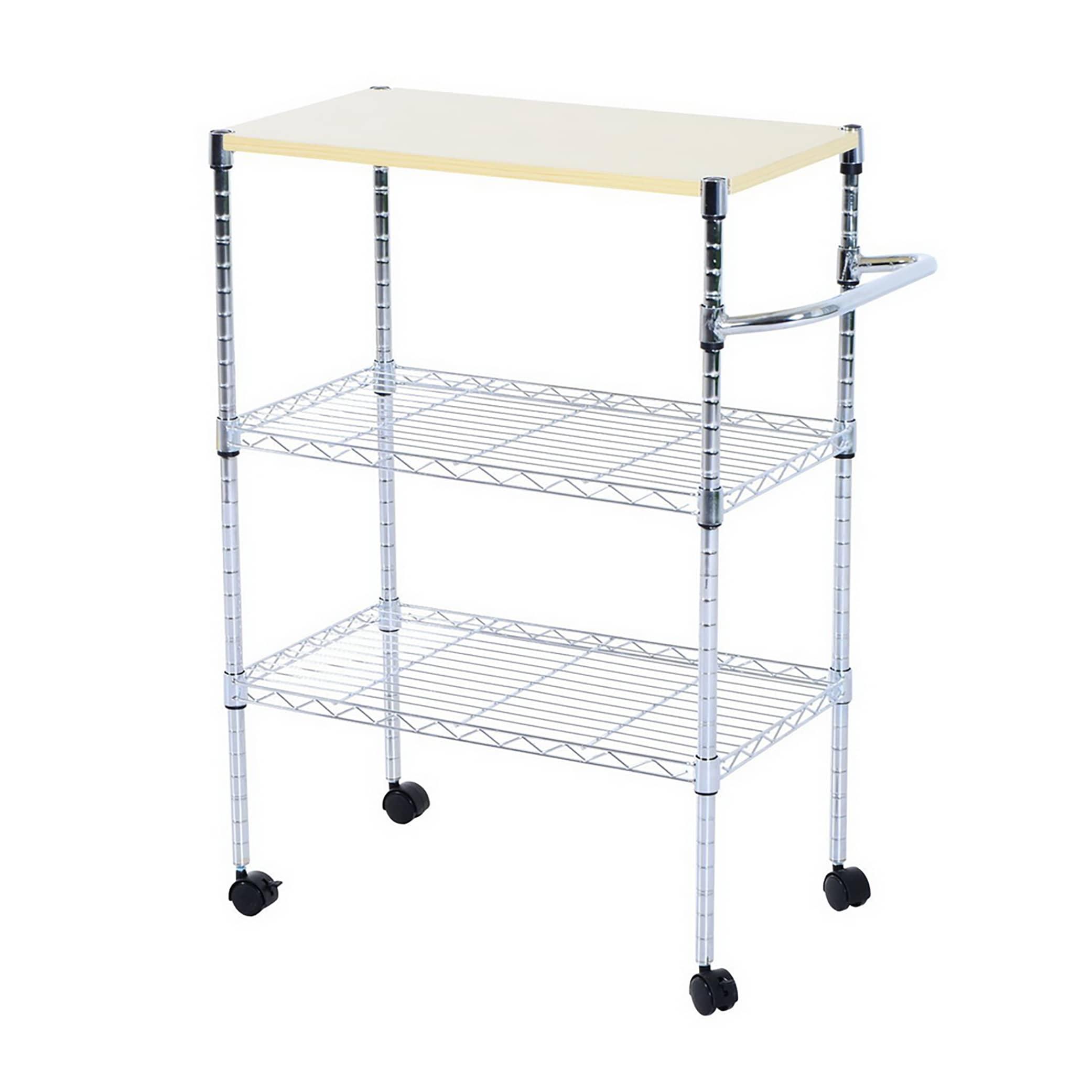 Silver 3-Tier Rolling Kitchen Cart with MDF Top