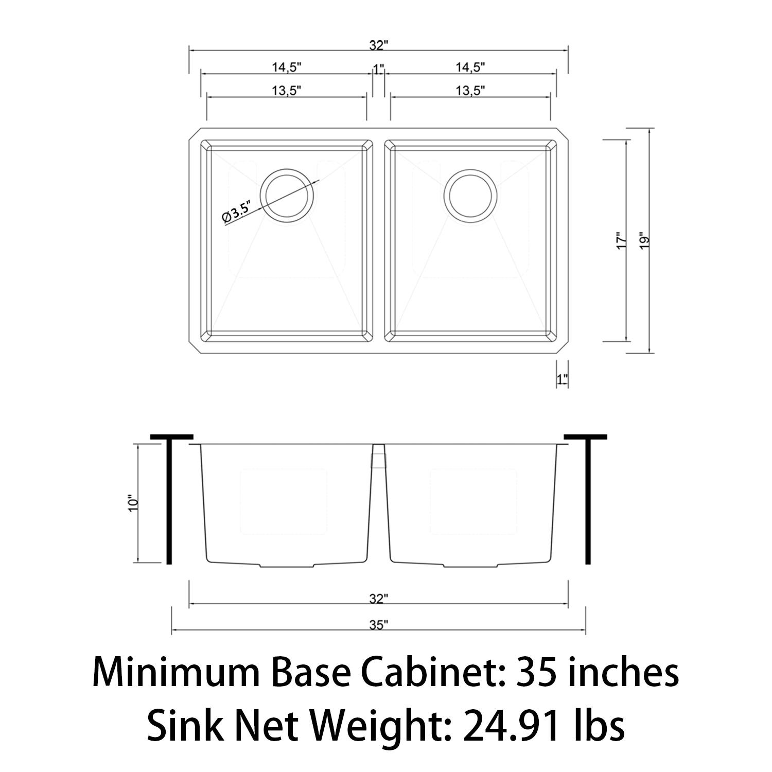 Sinber 32" x 19" Undermount Double Bowl Kitchen Sink with 18 Gauge 304 Stainless Steel Satin Finish